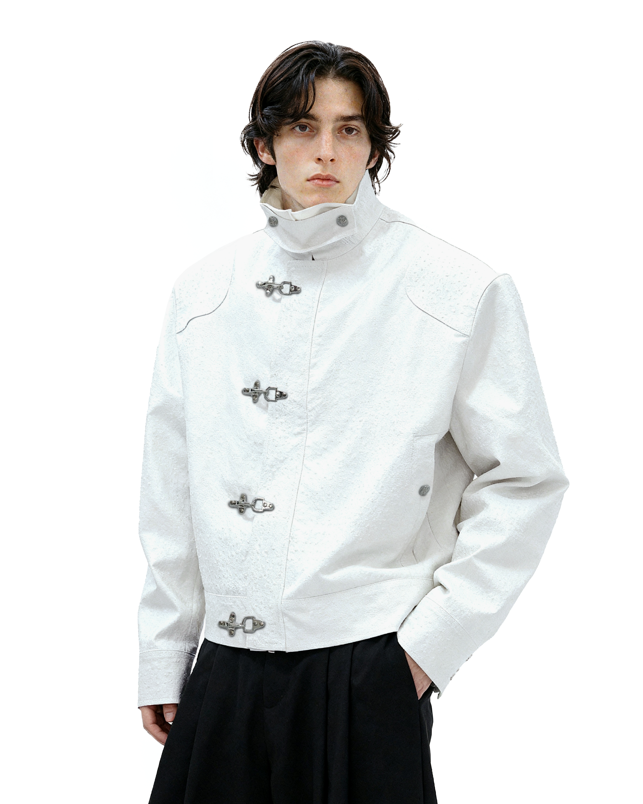 Faux Leather Textured Fireman-Clasp Boxy Jacket - nightcity clothing