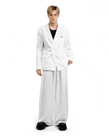 Oversized Snake-Brooch Wide Lapel Blazer and Pleated Pants Two-Piece Set