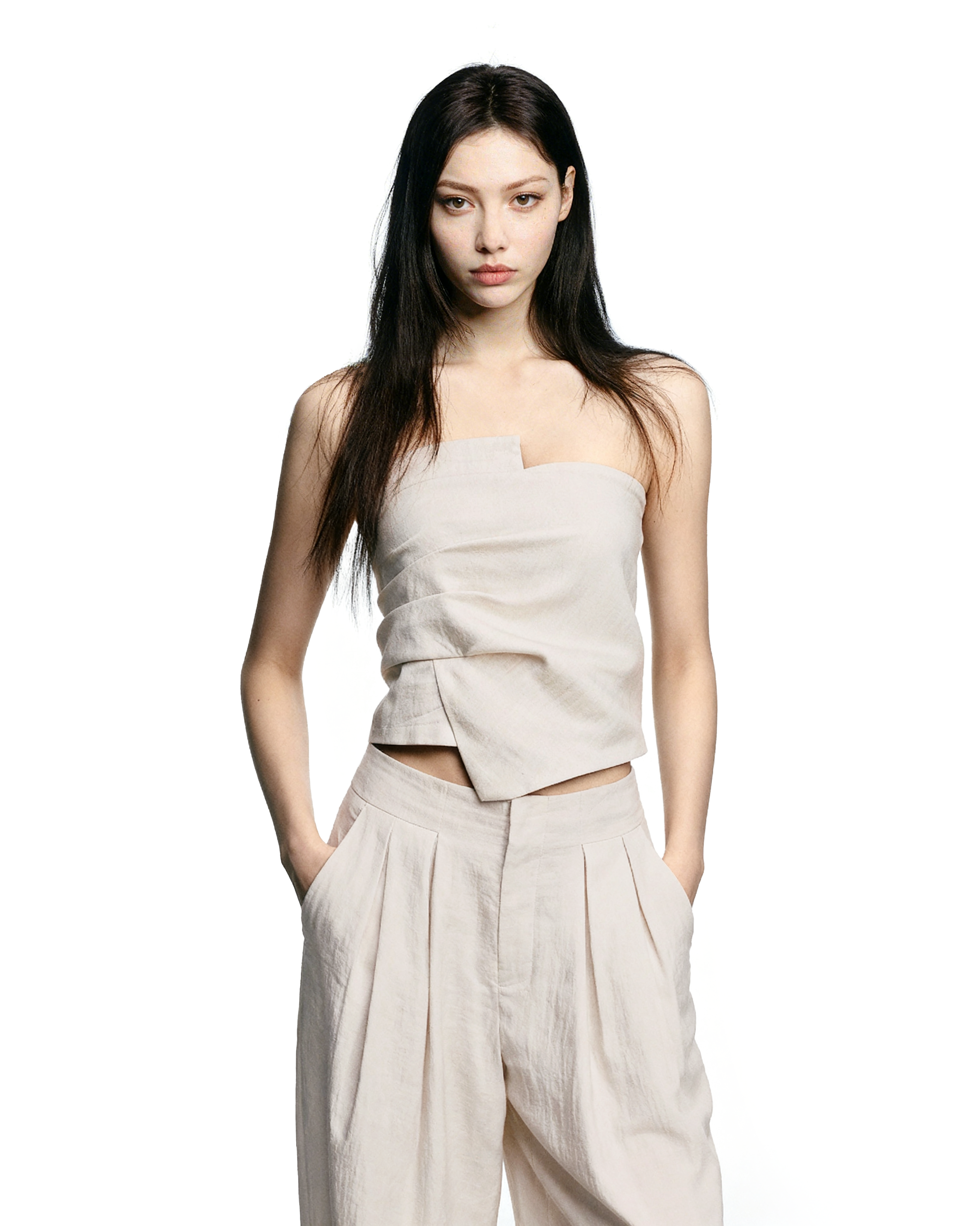 Strapless Asymmetric Top and Wide Leg Pleated Pant Two-Piece Set - nightcity clothing