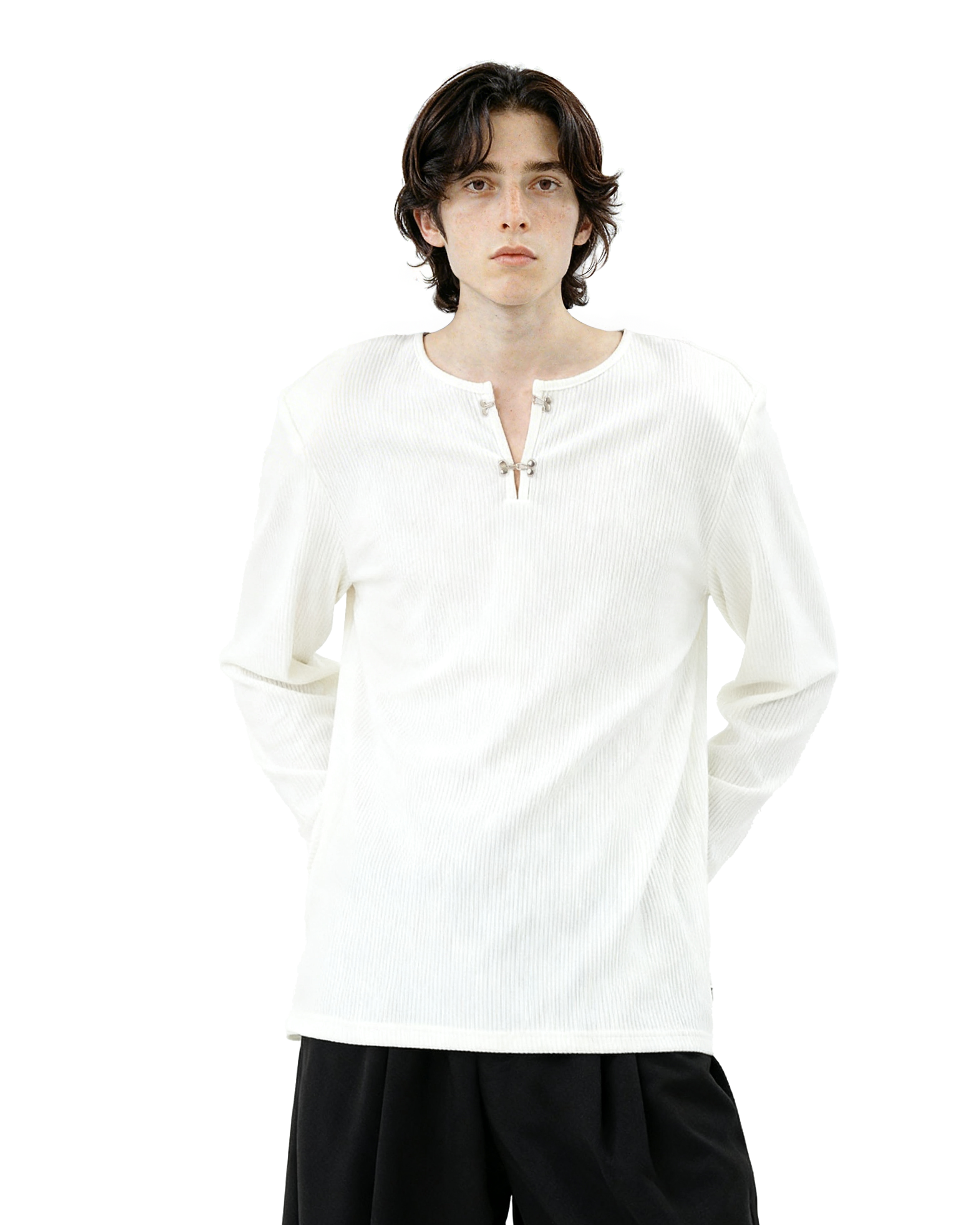 Ribbed Metal-Clasp Hook Henley Long Sleeve Tee - nightcity clothing