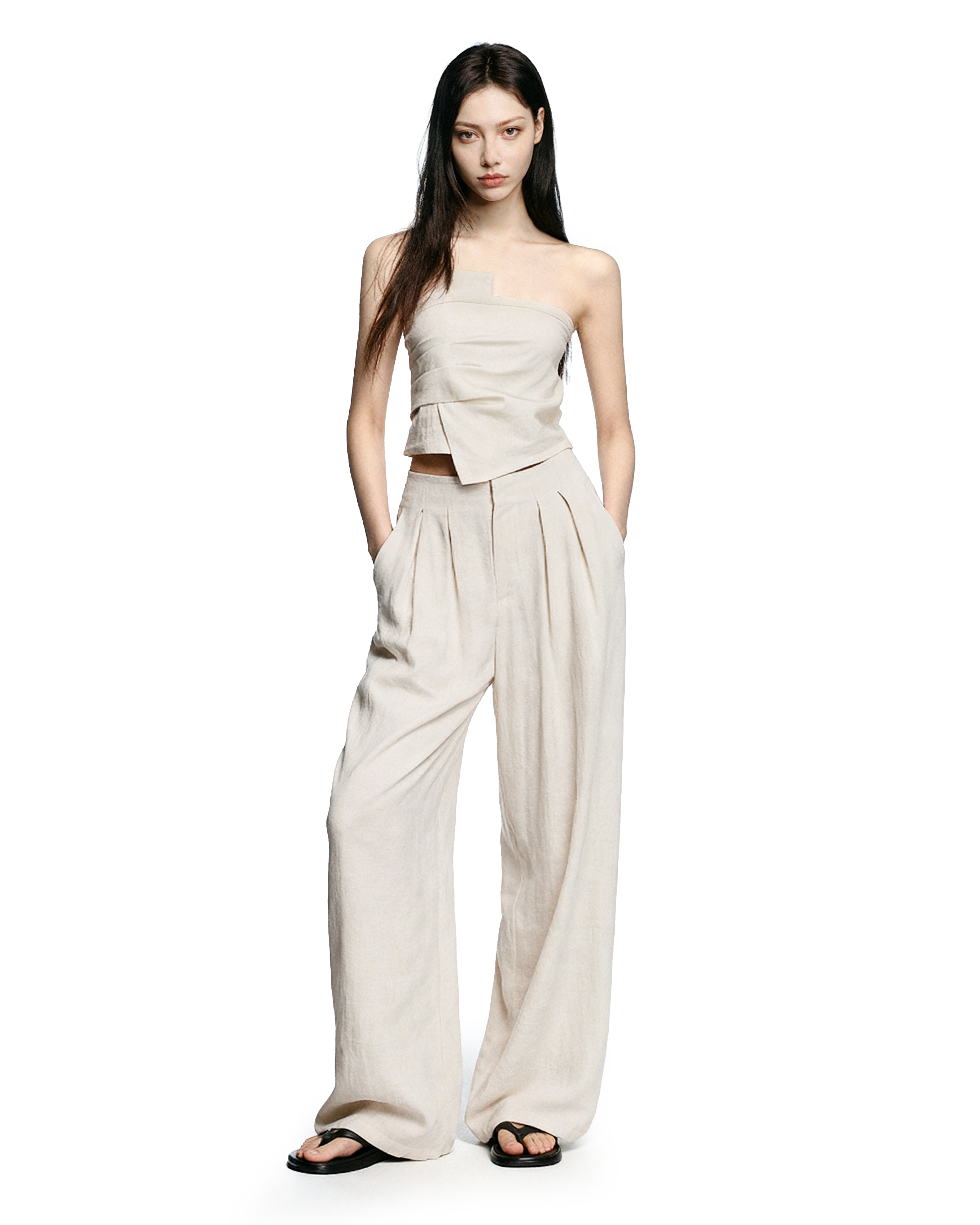 Strapless Asymmetric Top and Wide Leg Pleated Pant Two-Piece Set - nightcity clothing