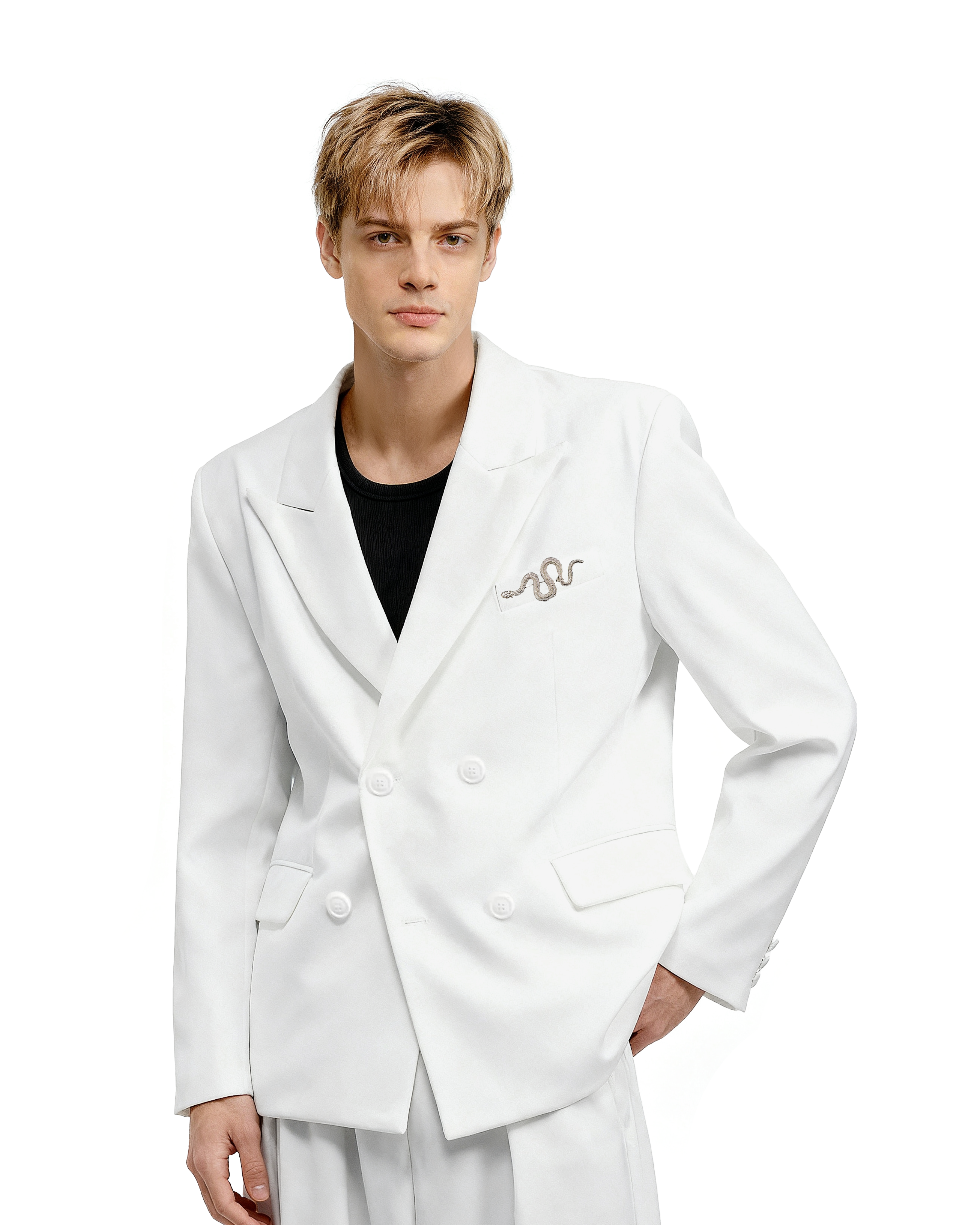 Oversized Snake-Brooch Wide Lapel Blazer and Pleated Pants Two-Piece Set-7