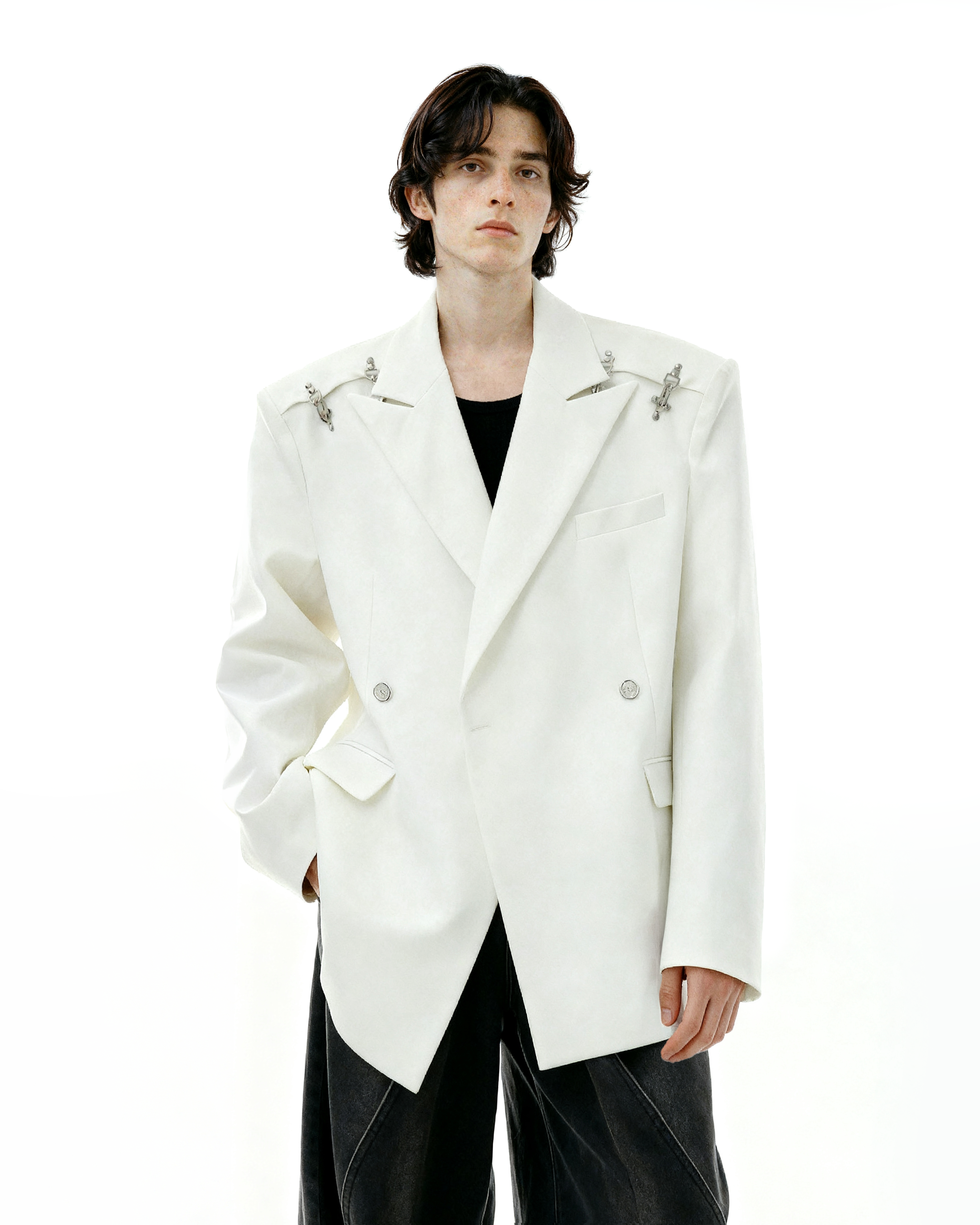 Oversized Double-Breasted Blazer with Peak Lapels and Silver Accents-7