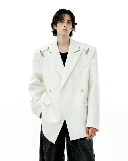Oversized Double-Breasted Blazer with Peak Lapels and Silver Accents