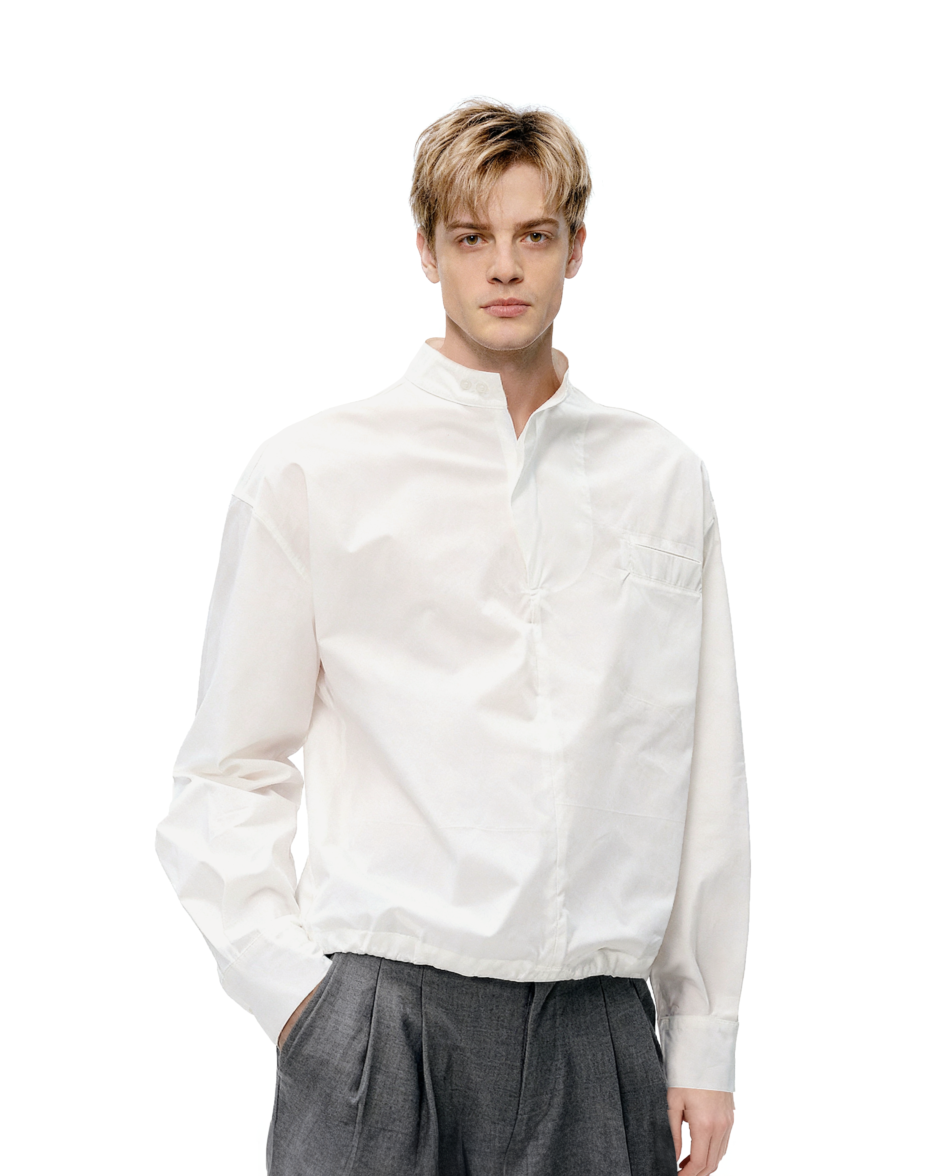 Mandarin Collar Long Sleeve Popover Quarter-Zip Shirt-2
