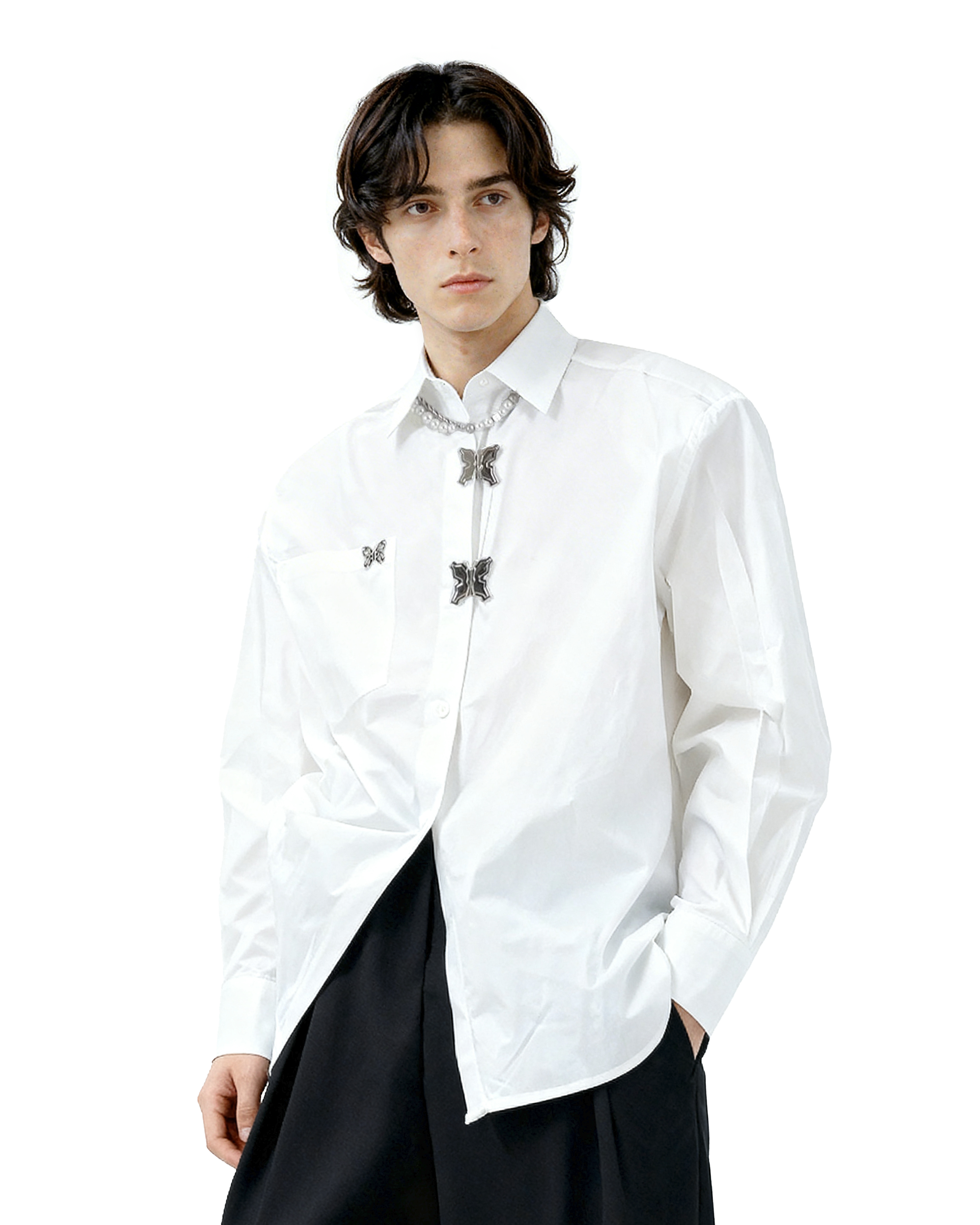 Oversized Shirt with Metallic Brooch Accents - nightcity clothing