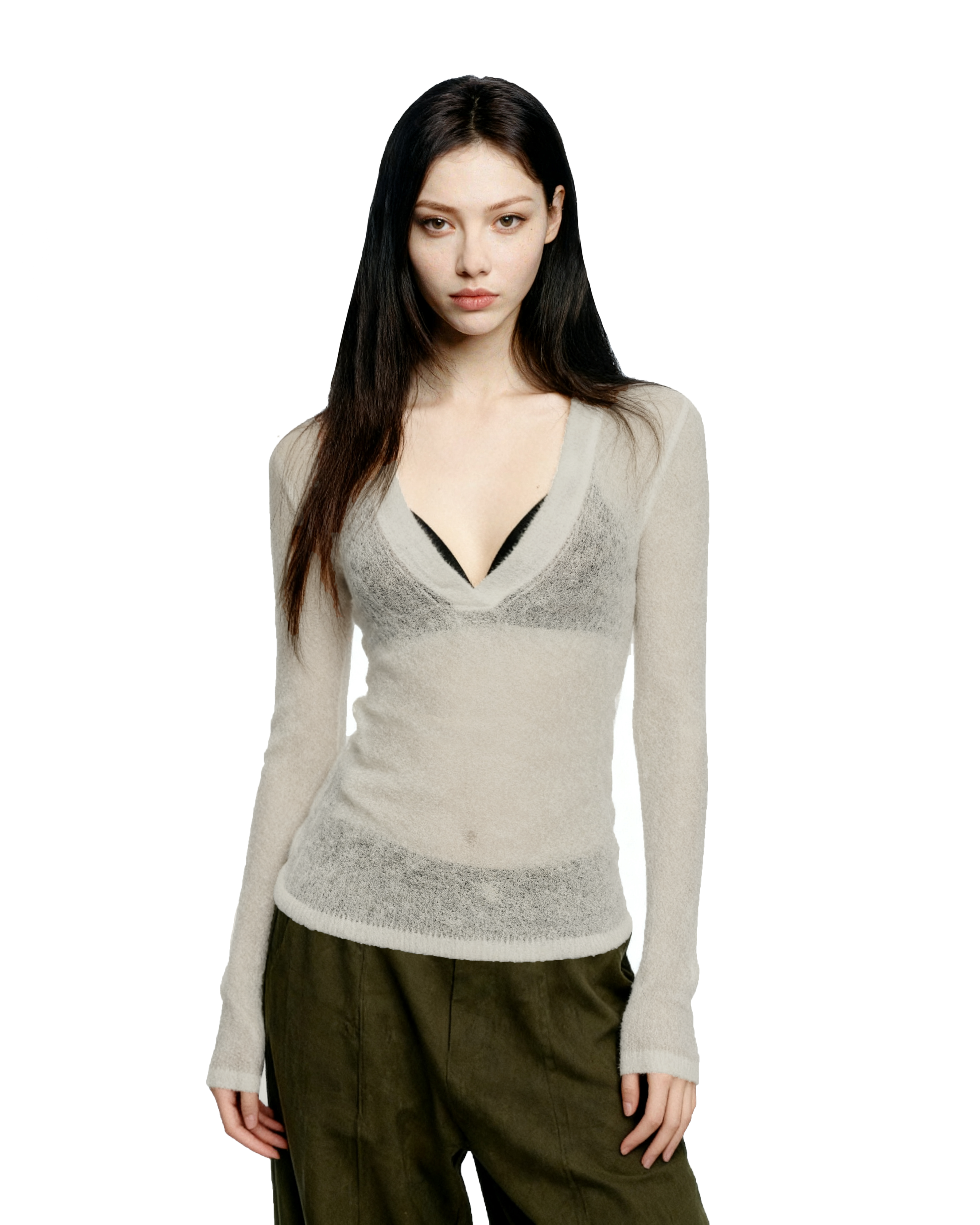Sheer Knit Deep V-Neck Long Sleeve Top-11