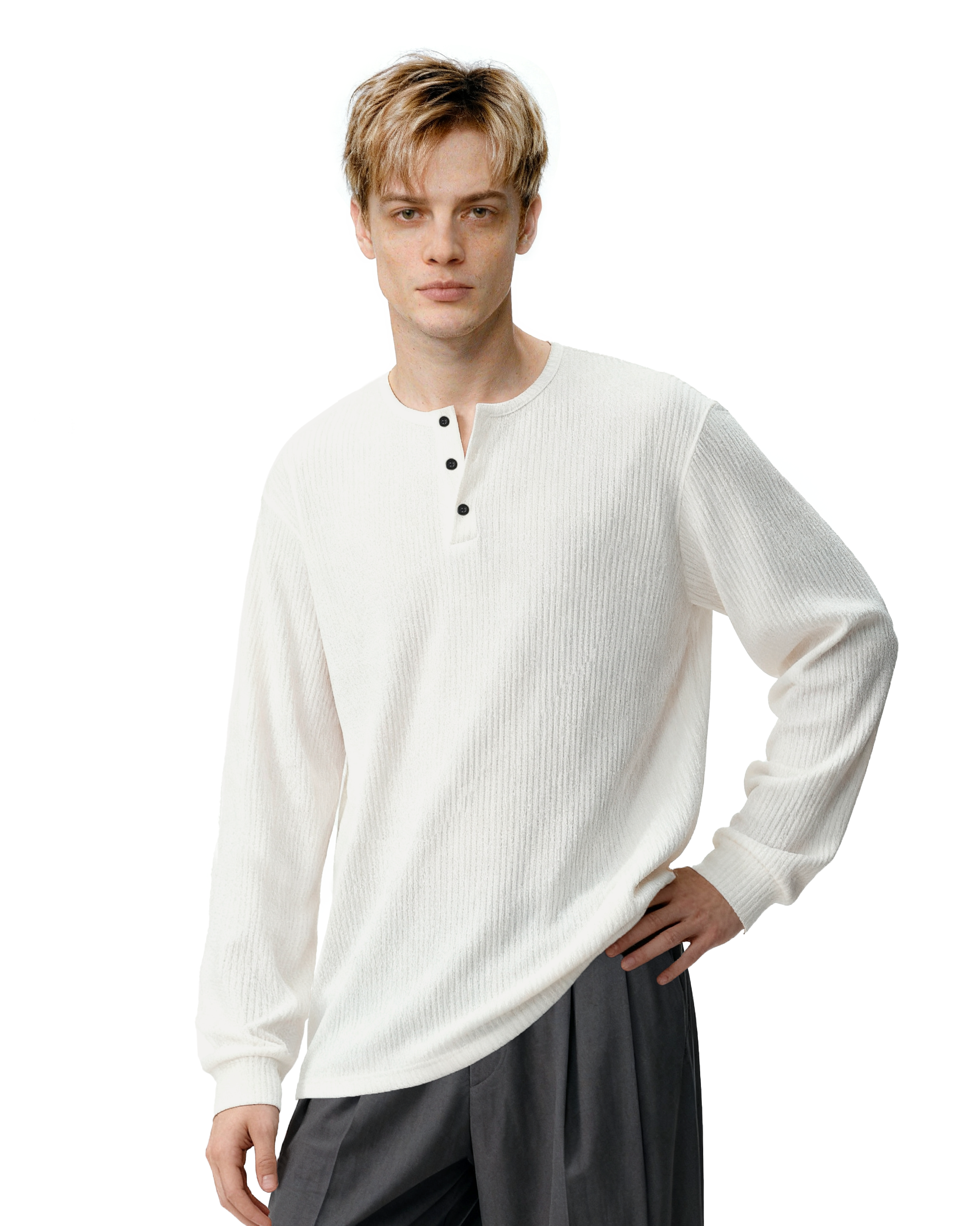 Waffle Pattern Half Button Long Sleeve Shirt-3
