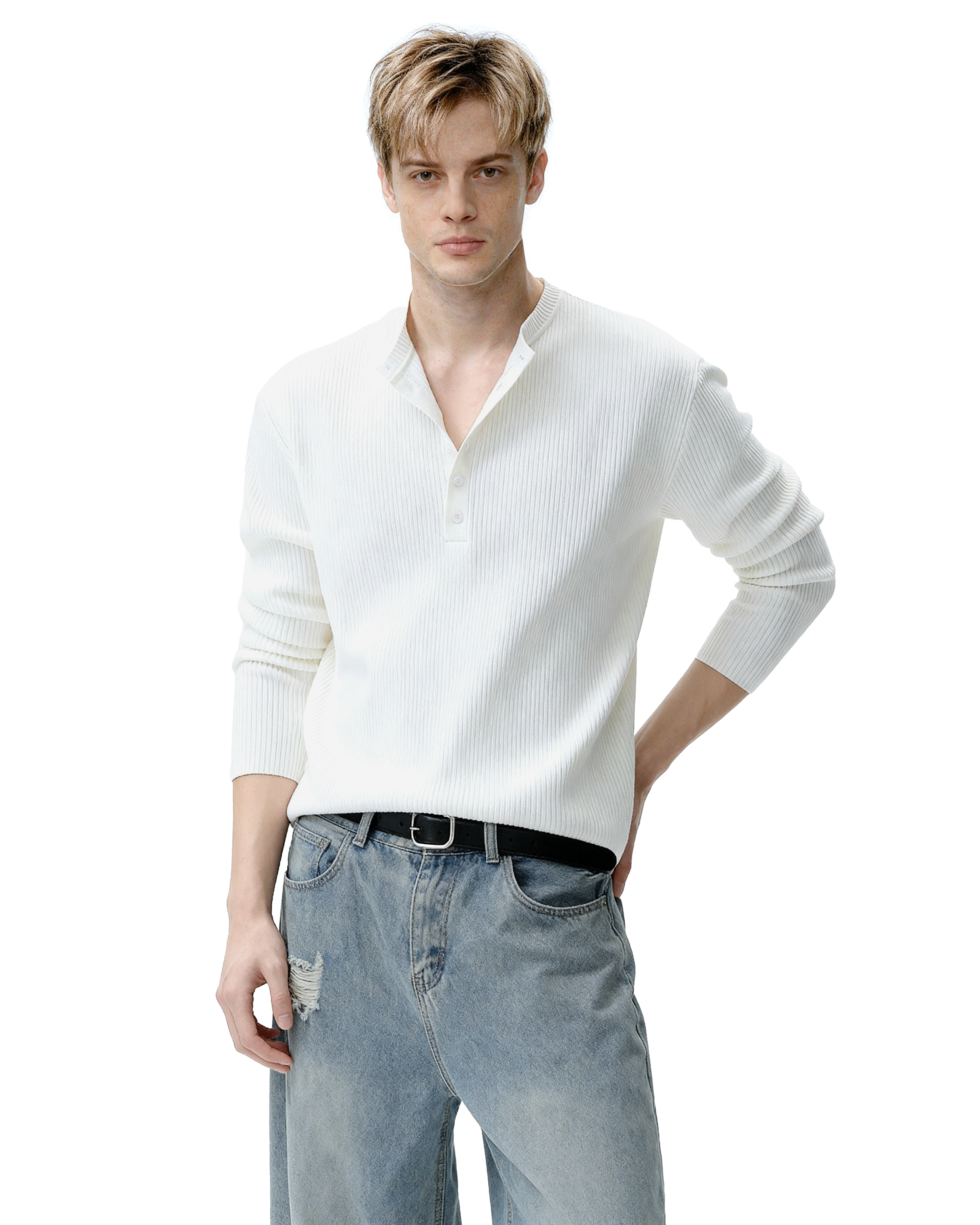 Ribbed Knit Henley Sweatshirt with Button Neckline - nightcity clothing