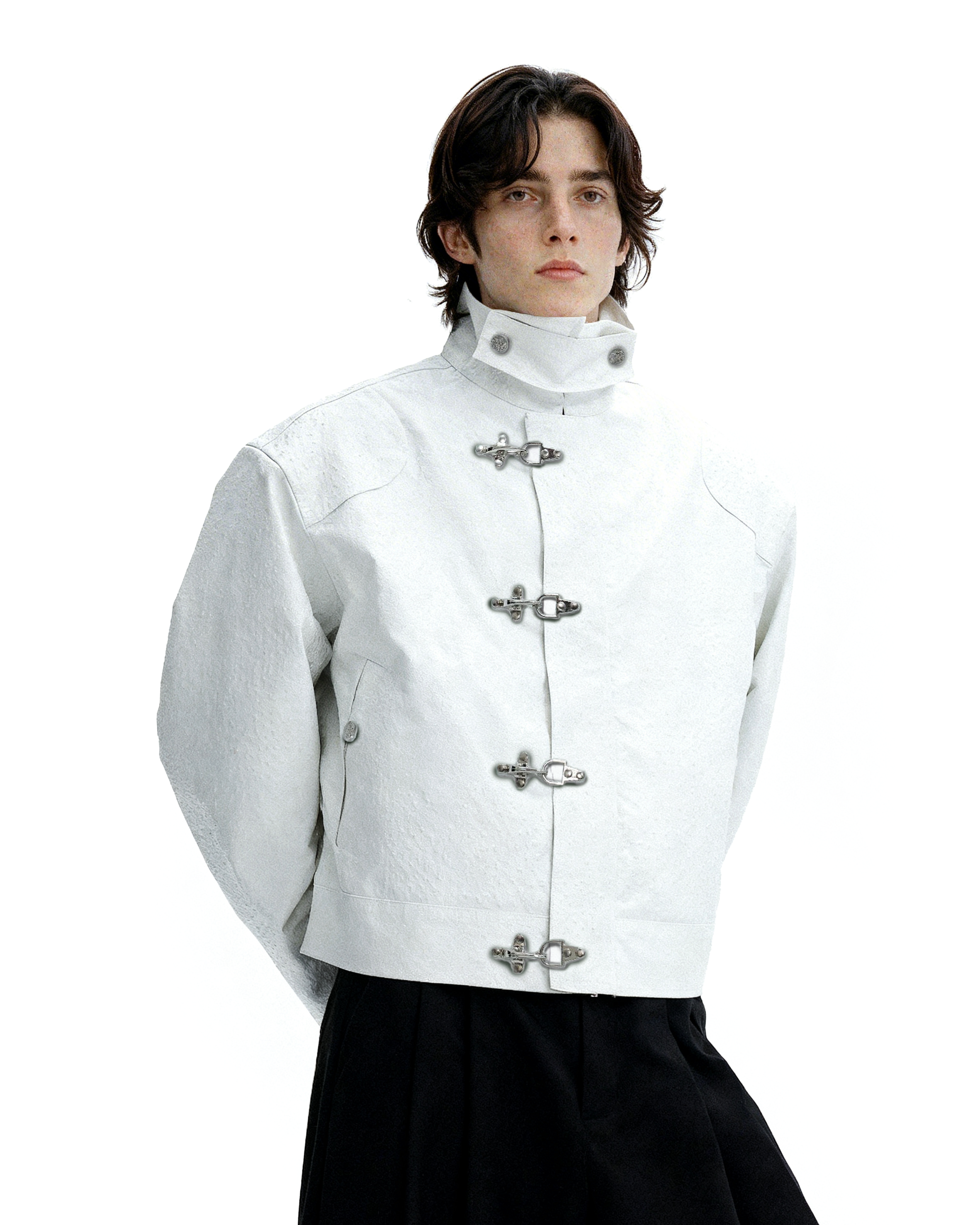 Faux Leather Textured Fireman-Clasp Boxy Jacket - nightcity clothing