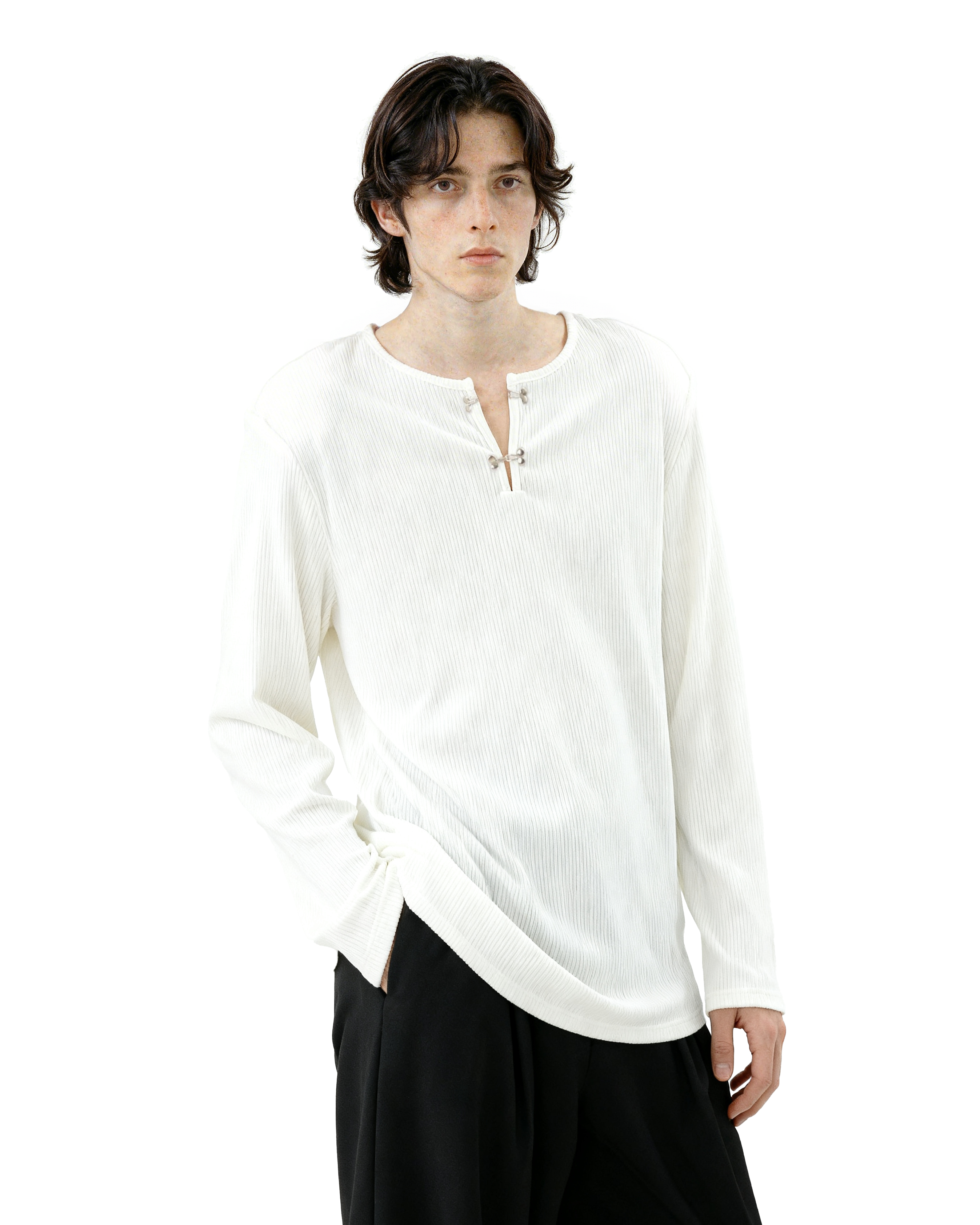 Ribbed Metal-Clasp Hook Henley Long Sleeve Tee - nightcity clothing