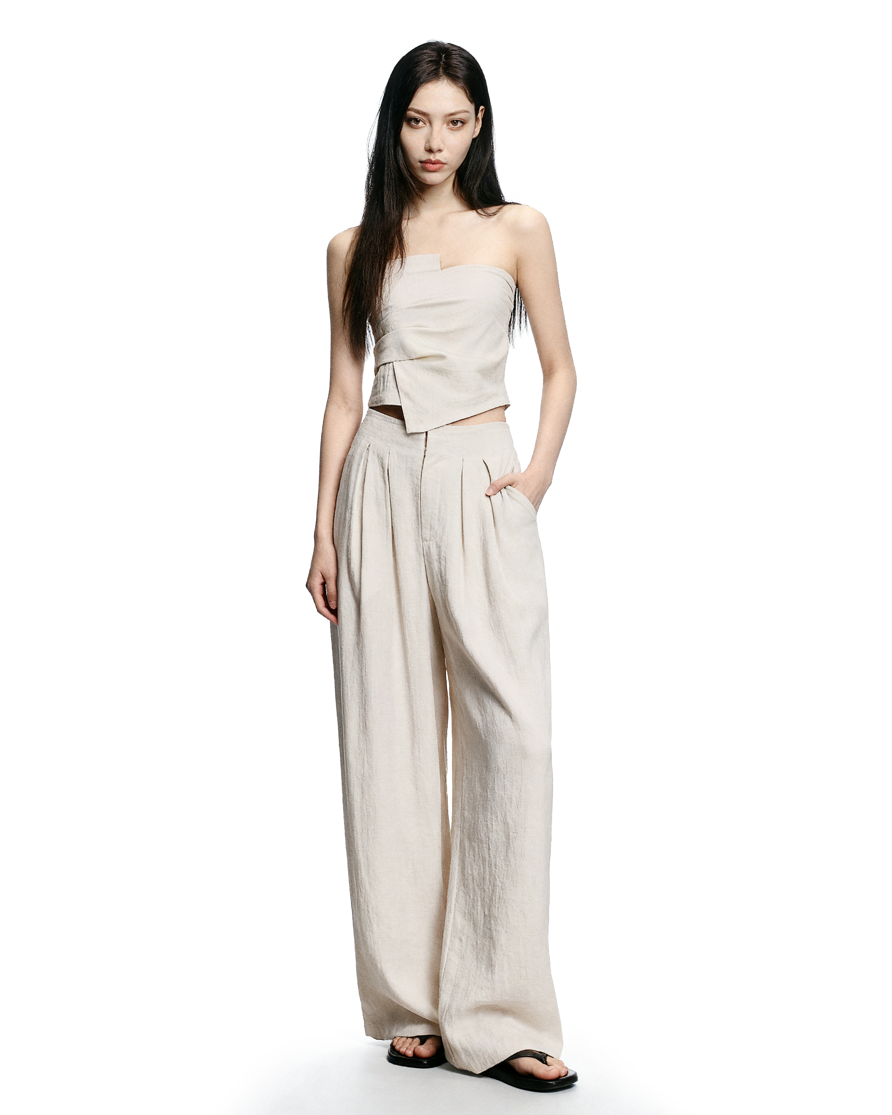 Strapless Asymmetric Top and Wide Leg Pleated Pant Two-Piece Set - nightcity clothing