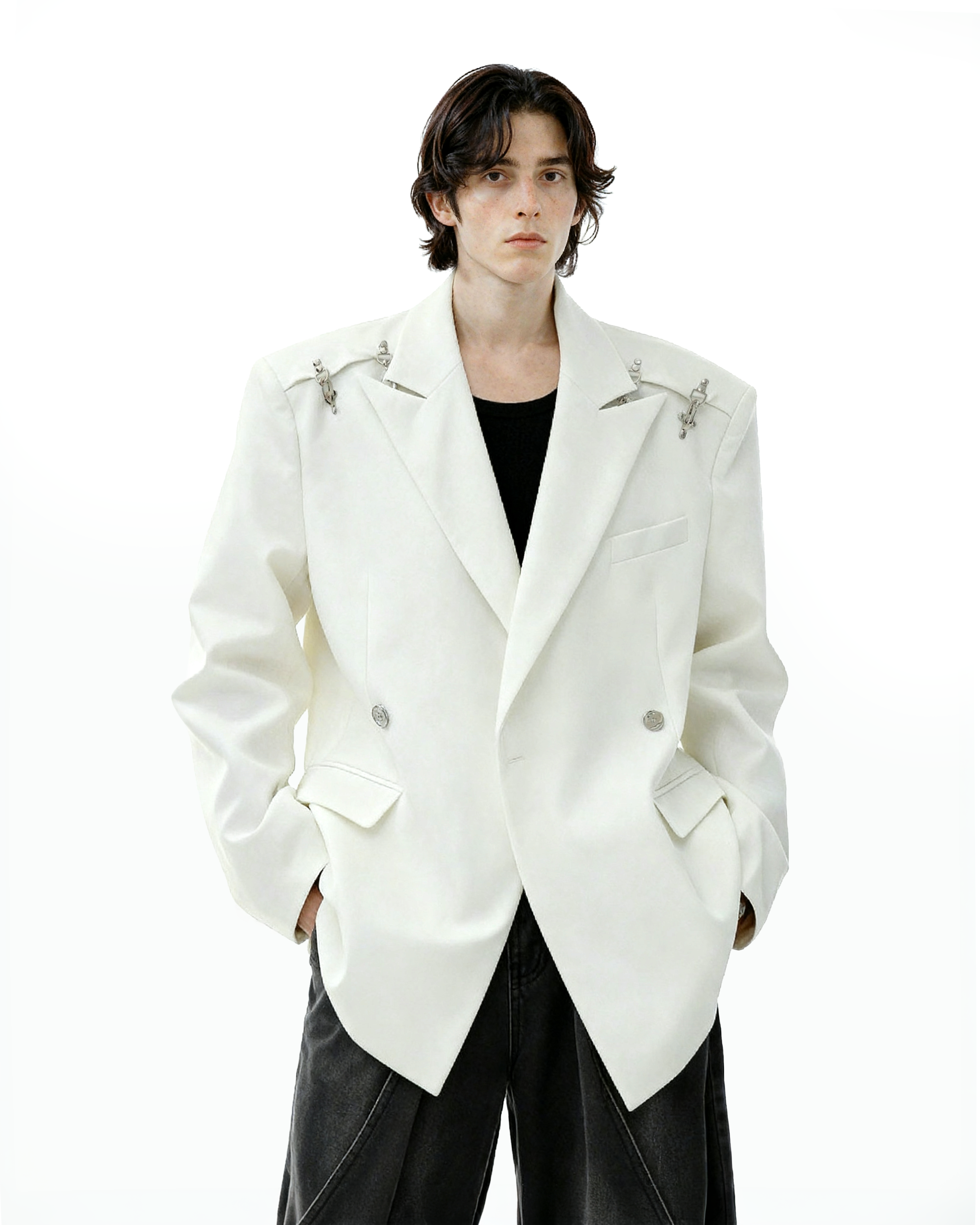 Oversized Double-Breasted Blazer with Peak Lapels and Silver Accents-10