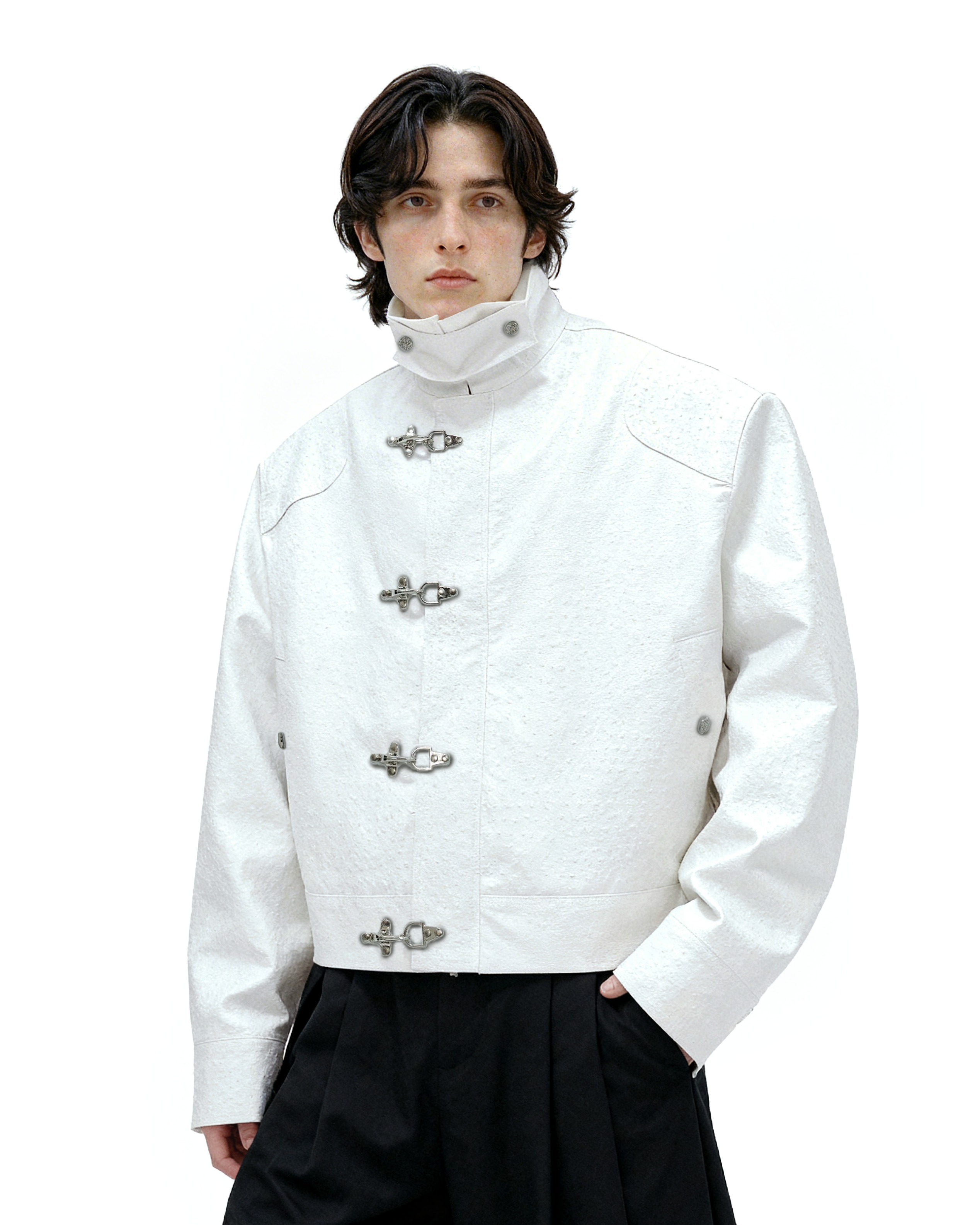 Faux Leather Textured Fireman-Clasp Boxy Jacket - nightcity clothing