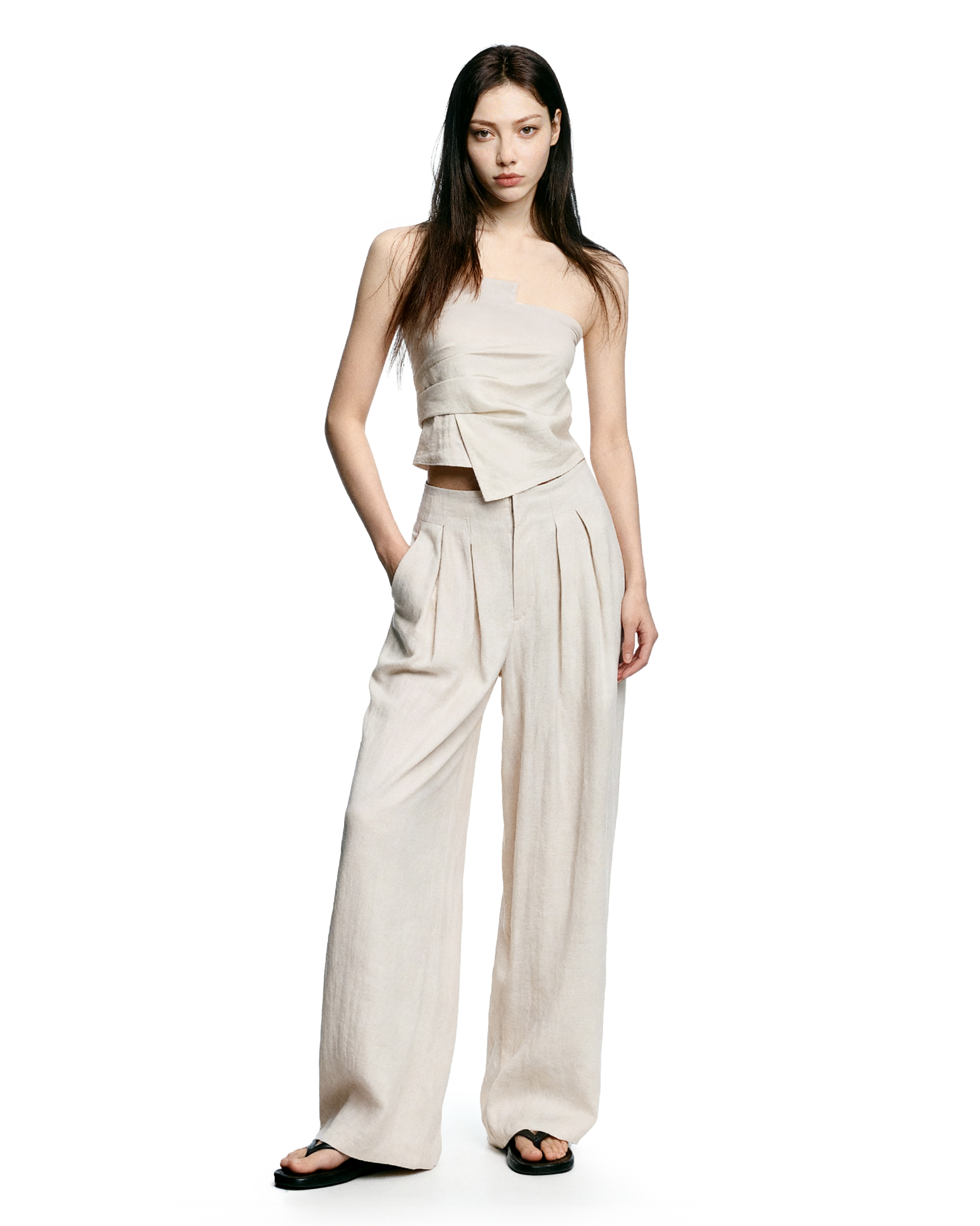 Strapless Asymmetric Top and Wide Leg Pleated Pant Two-Piece Set - nightcity clothing