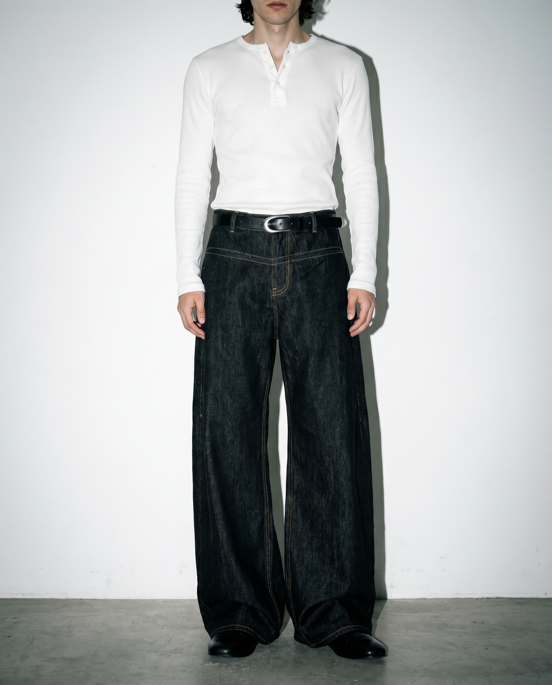 Wide Leg Contrast Stitch Split-Seam Raw Jeans-2