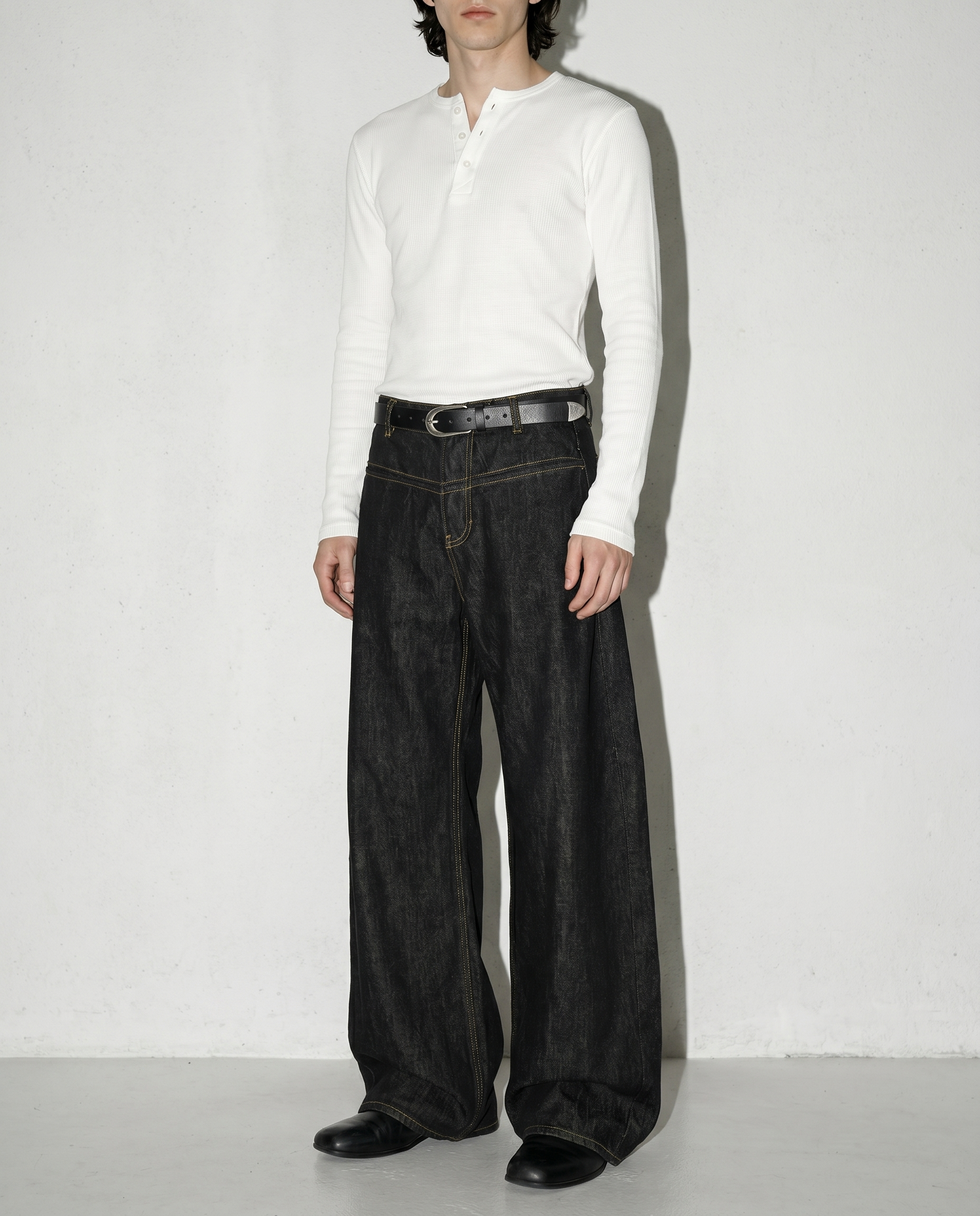 Wide Leg Contrast Stitch Split-Seam Raw Jeans-3