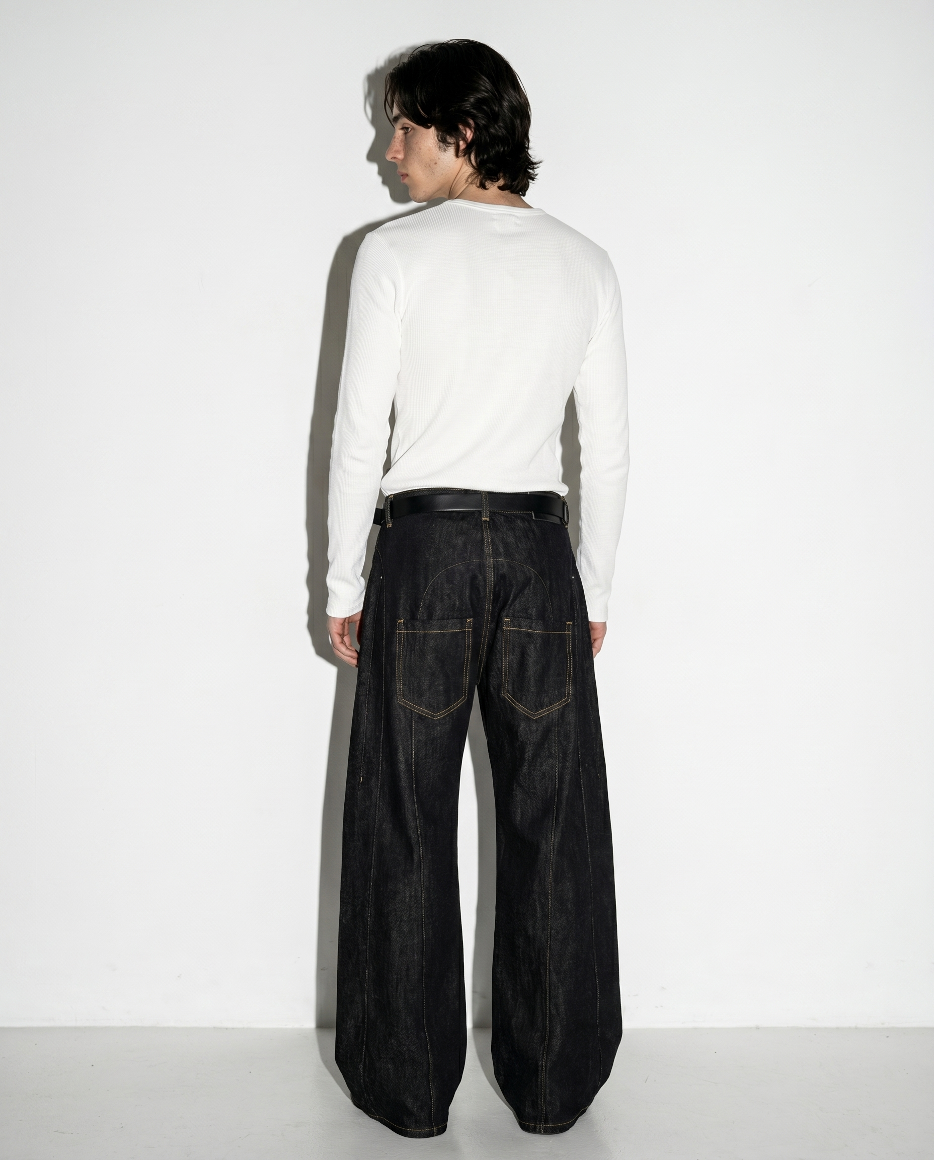 Wide Leg Contrast Stitch Split-Seam Raw Jeans-4