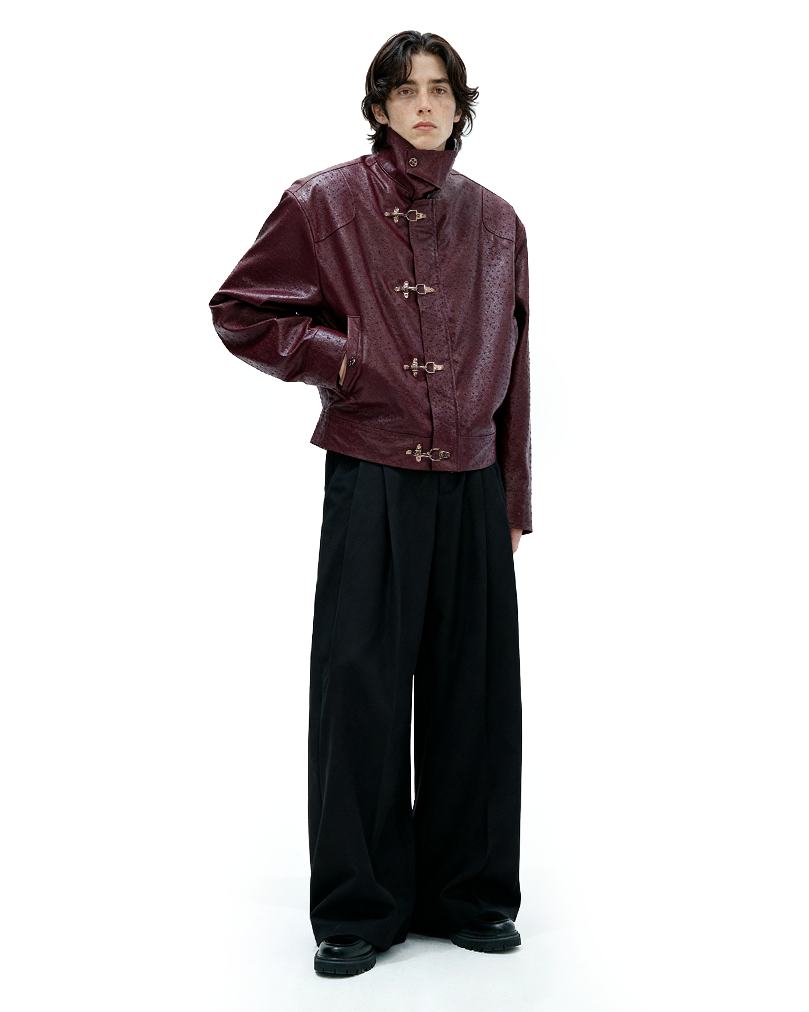 Faux Leather Textured Fireman-Clasp Boxy Jacket - nightcity clothing