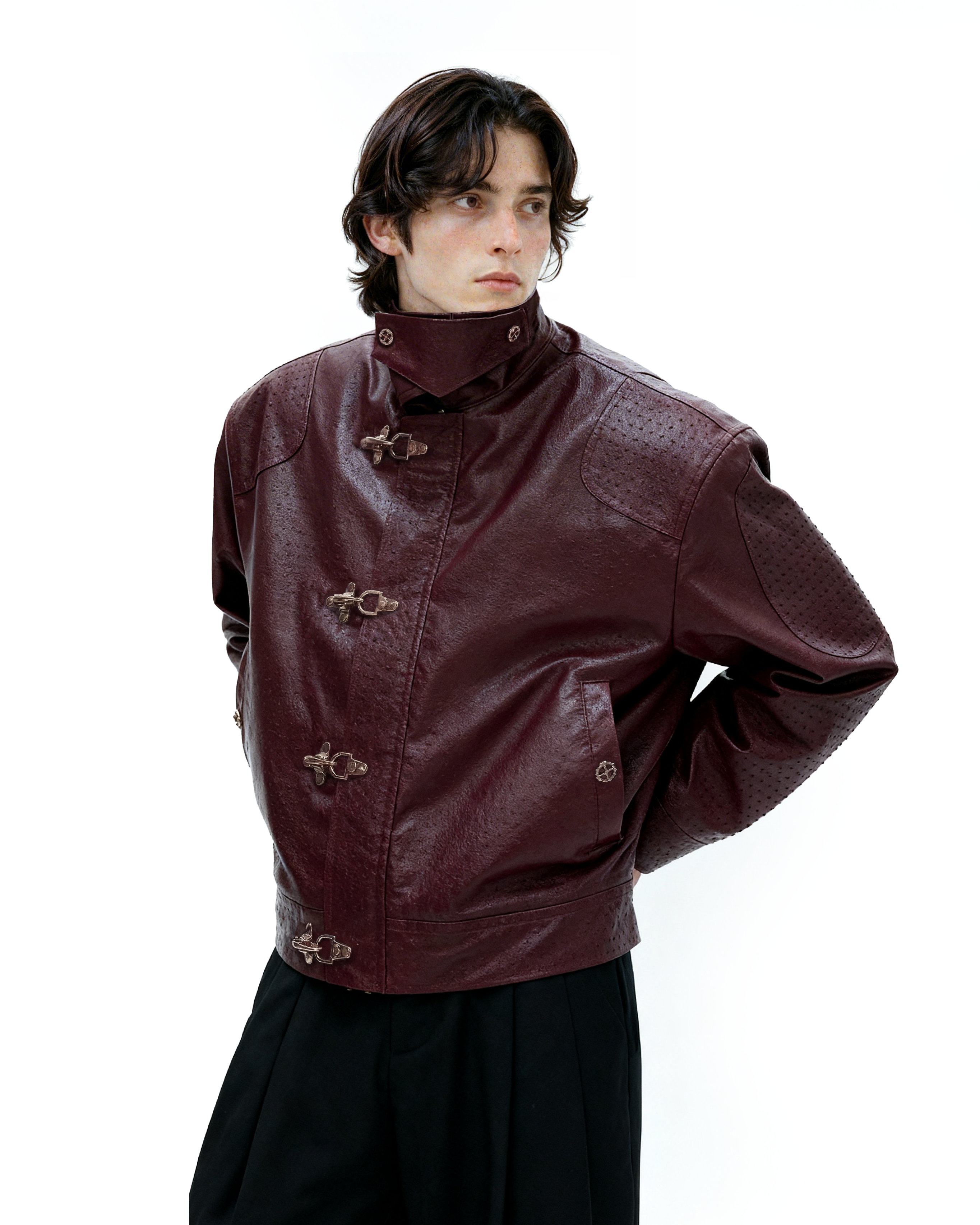 Faux Leather Textured Fireman-Clasp Boxy Jacket - nightcity clothing