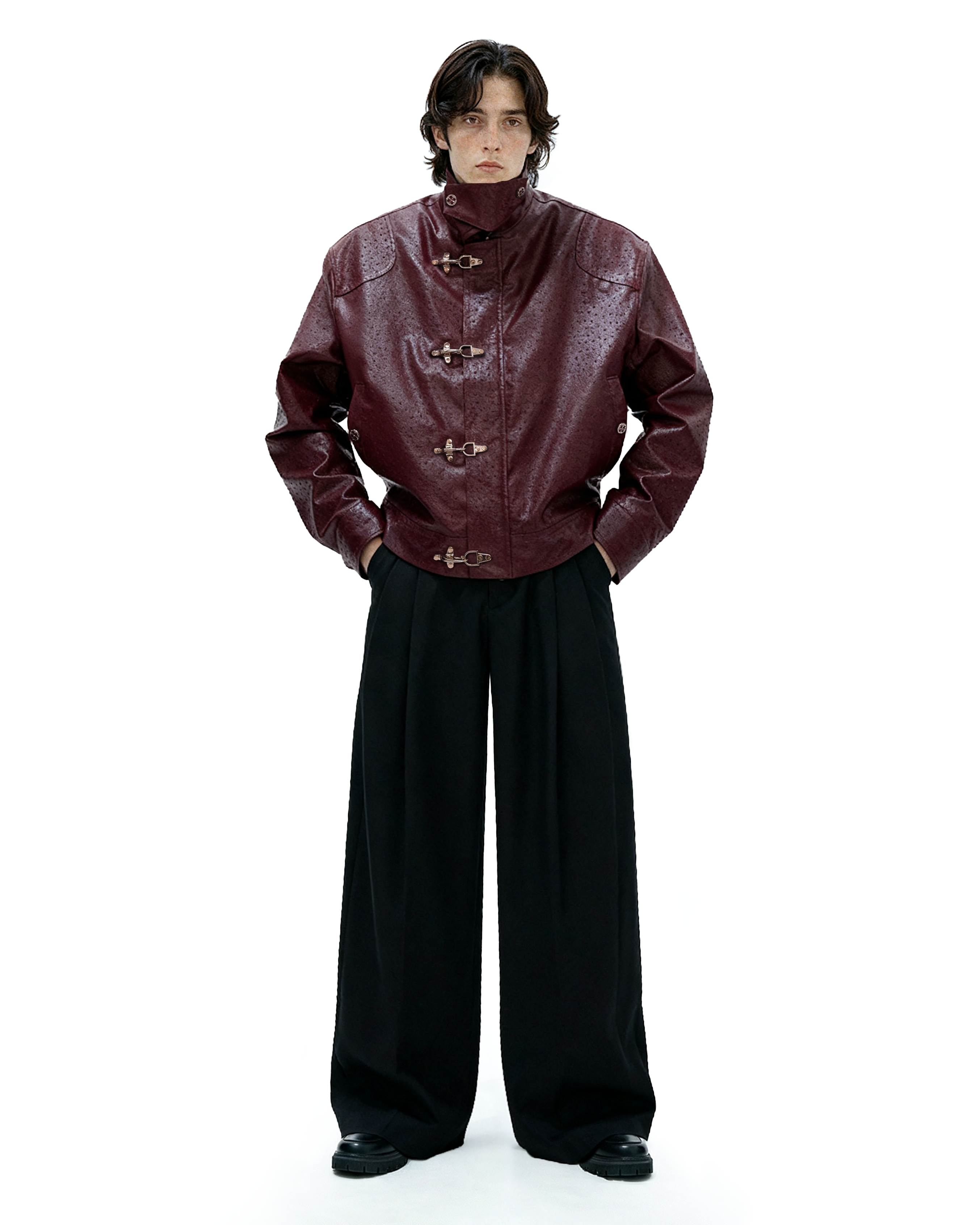 Faux Leather Textured Fireman-Clasp Boxy Jacket - nightcity clothing