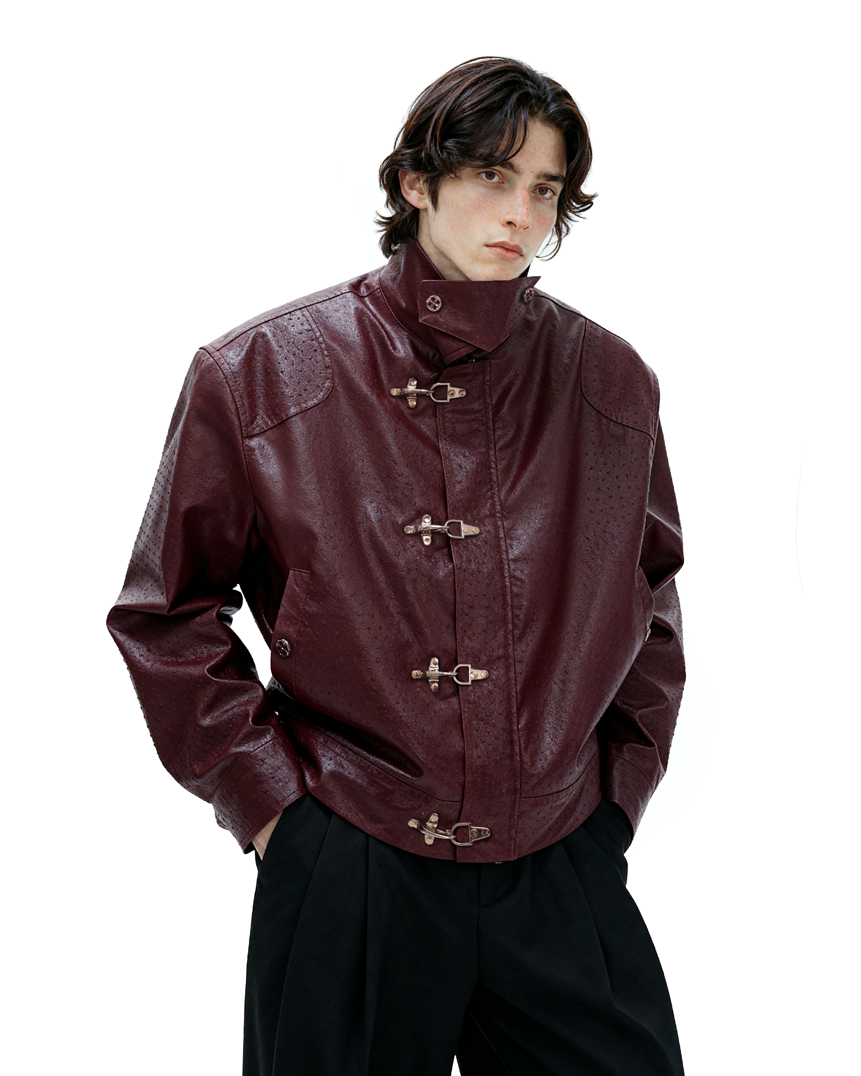 Faux Leather Textured Fireman-Clasp Boxy Jacket - nightcity clothing