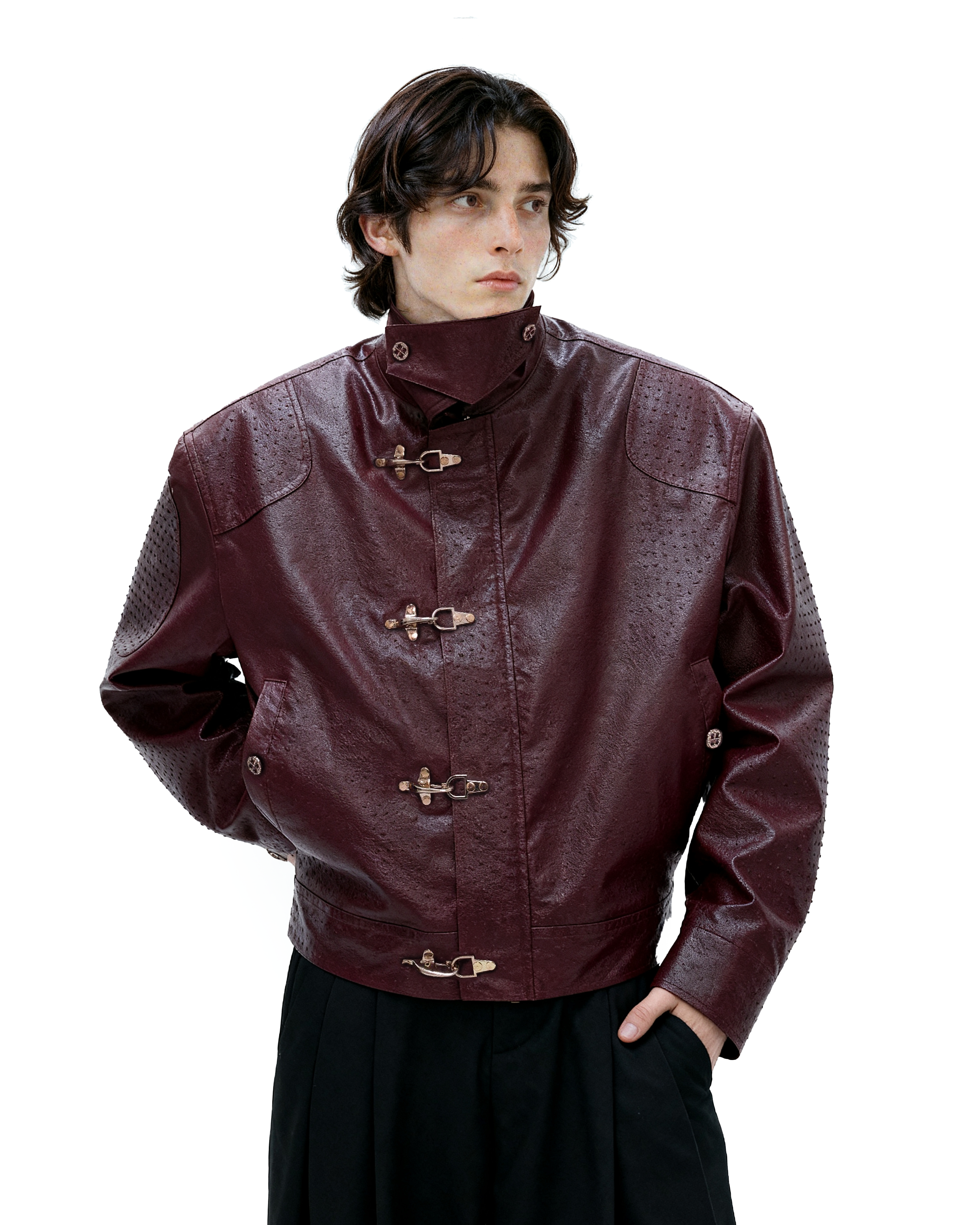 Faux Leather Textured Fireman-Clasp Boxy Jacket - nightcity clothing