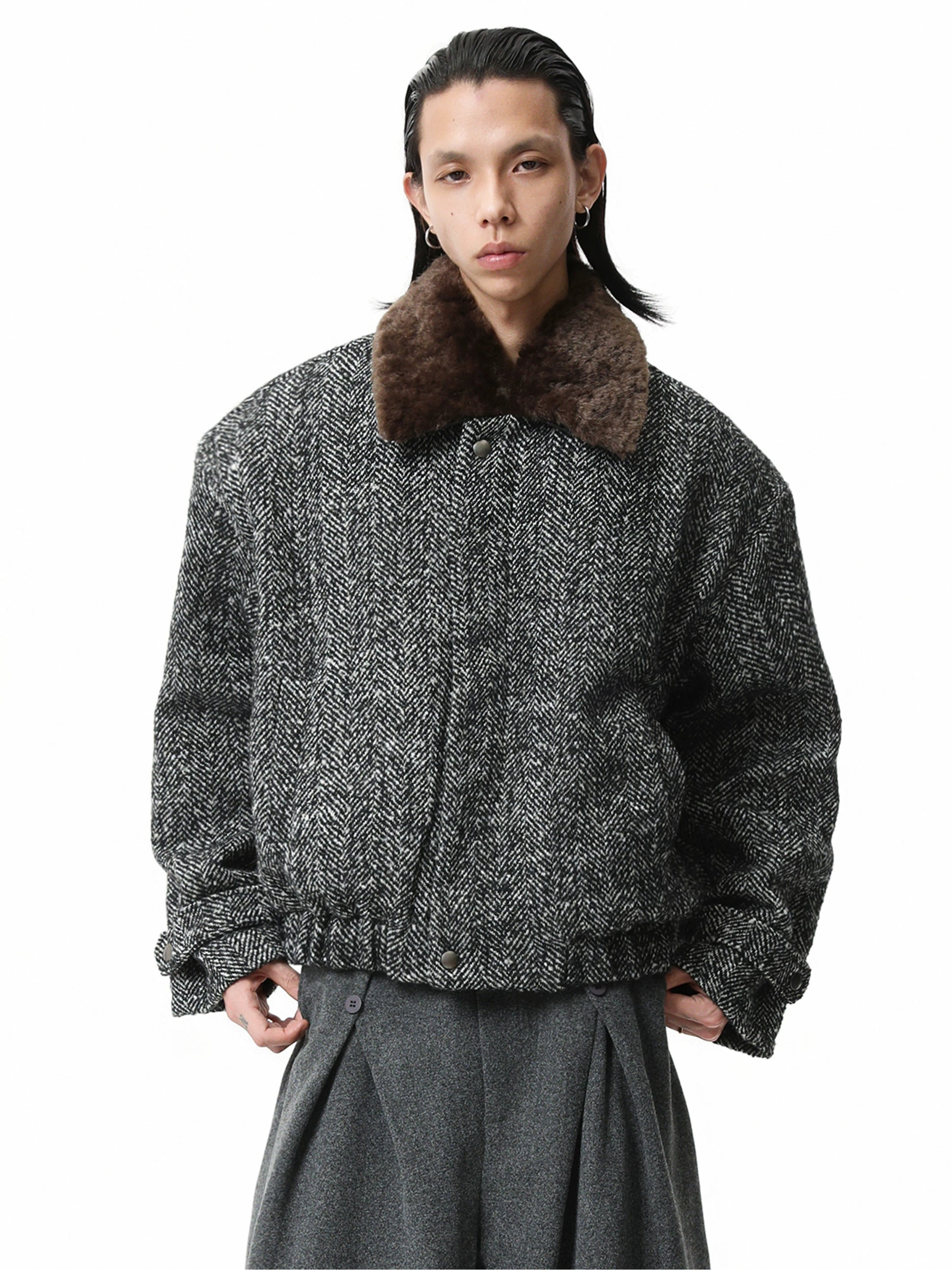 Boxy Herringbone Pattern Jacket with Detachable Faux Fur Collar - nightcity clothing