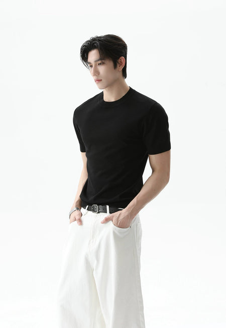 Slim Ribbed-Cuff Short Sleeve T-Shirt