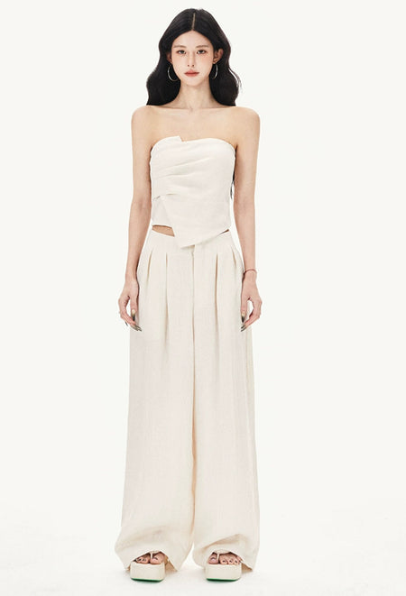 Draped Asymmetric Strapless Top and Wide Leg Pleated Pants Two-Piece Set