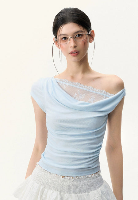 Off Shoulder Mesh Lace Panel Asymmetric Top