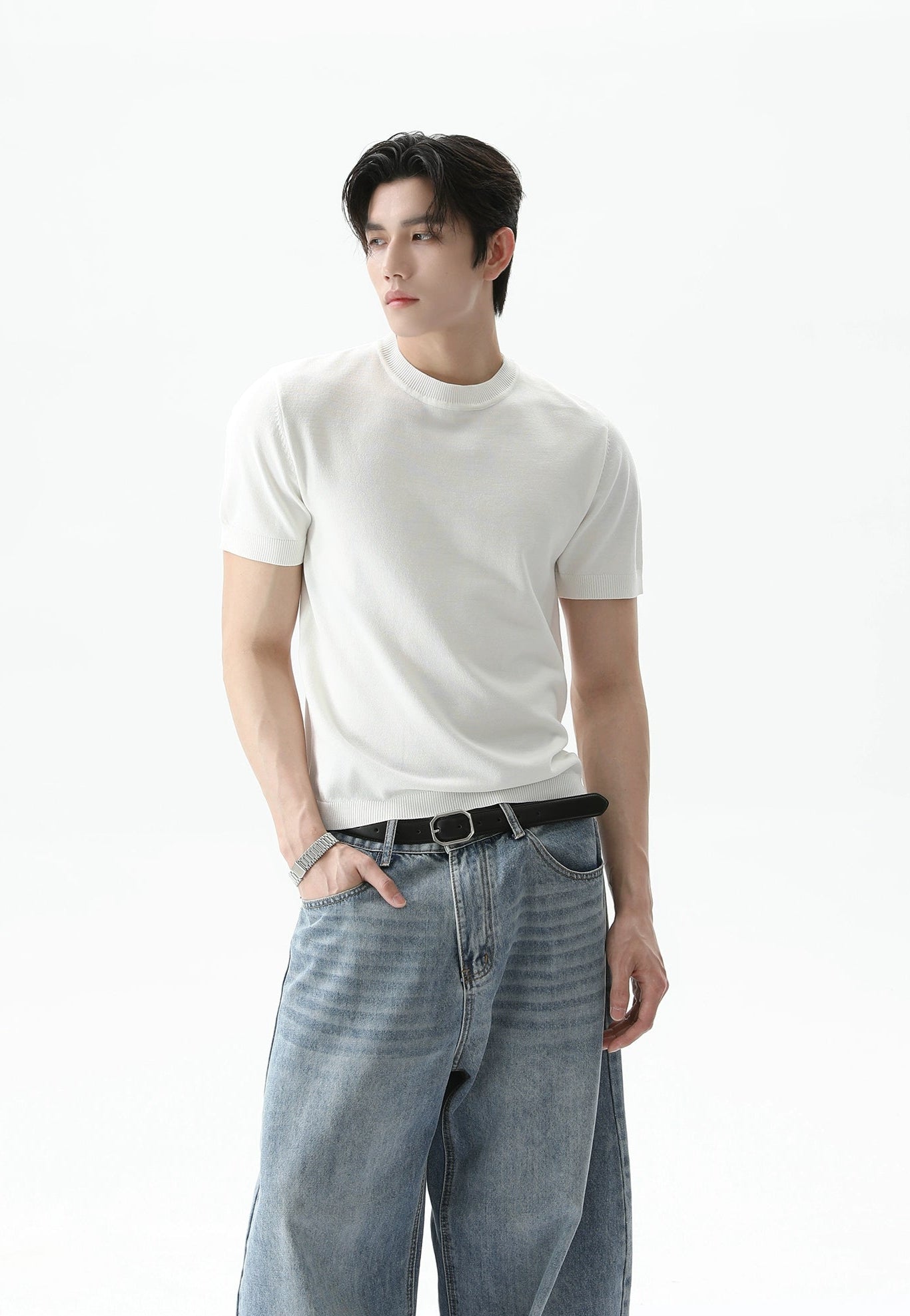 Slim Ribbed-Cuff Short Sleeve T-Shirt