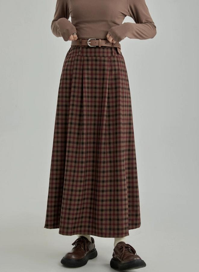 Plaid Pleated Maxi Skirt with Elastic Waist