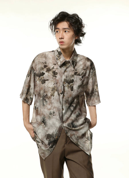 Washout Floral Print Oversized Button-Up Shirt with Pocket