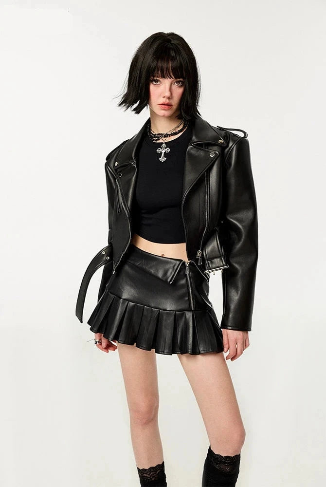 Boxy Faux Leather Jacket and Pleated Side Zip Mini Skirt Two-Piece Set