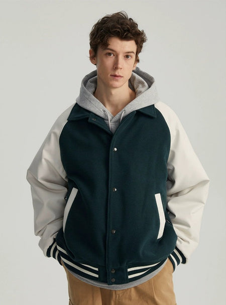 Varsity Bomber Jacket with Faux Leather Sleeves
