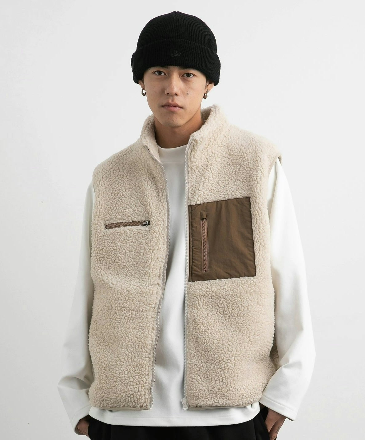 High Collar Shearling Vest with Zip Pockets