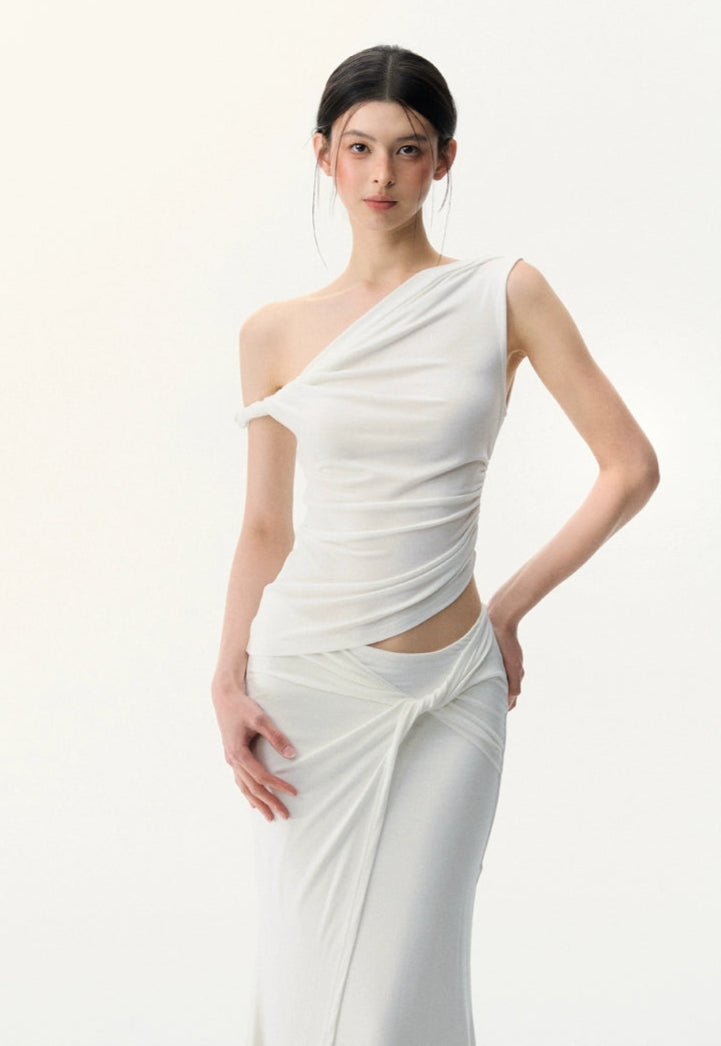 One Shoulder Asymmetric Ruched Top and Twist Wrap Maxi Skirt Two-Piece Set