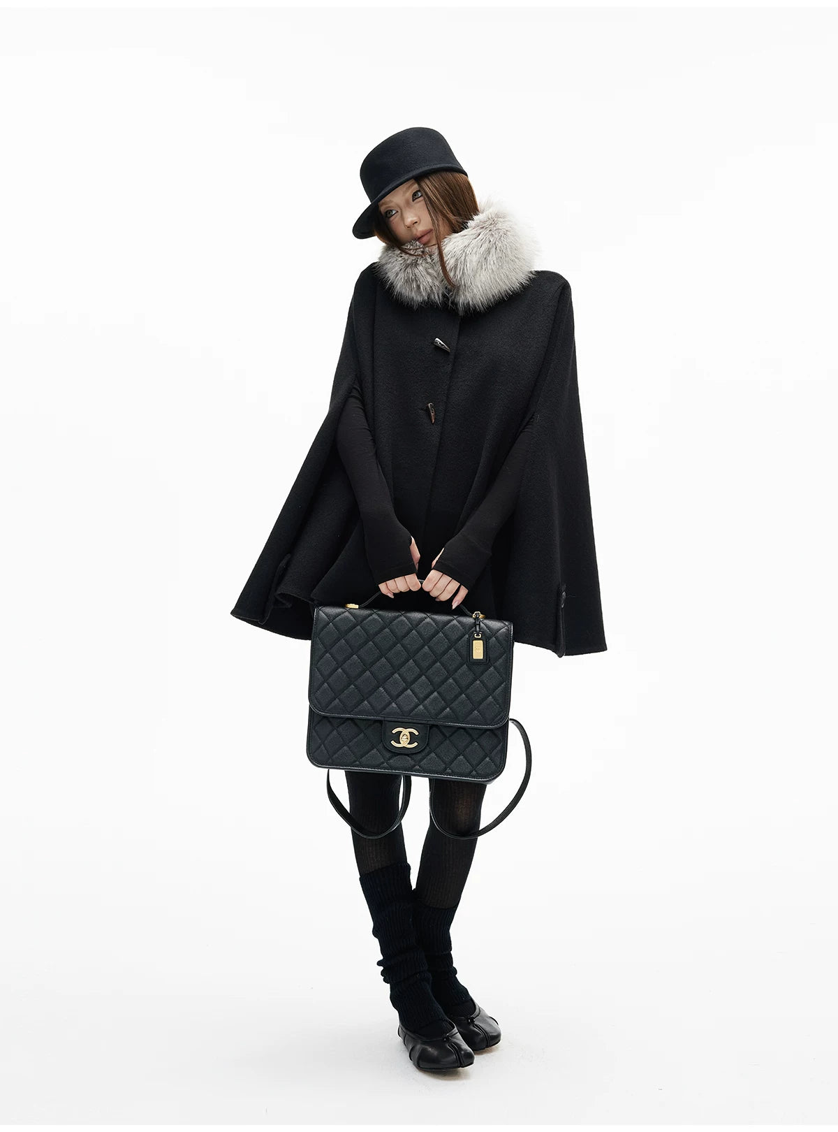 Faux Fur Collar Oversized Poncho Pullover - nightcity clothing