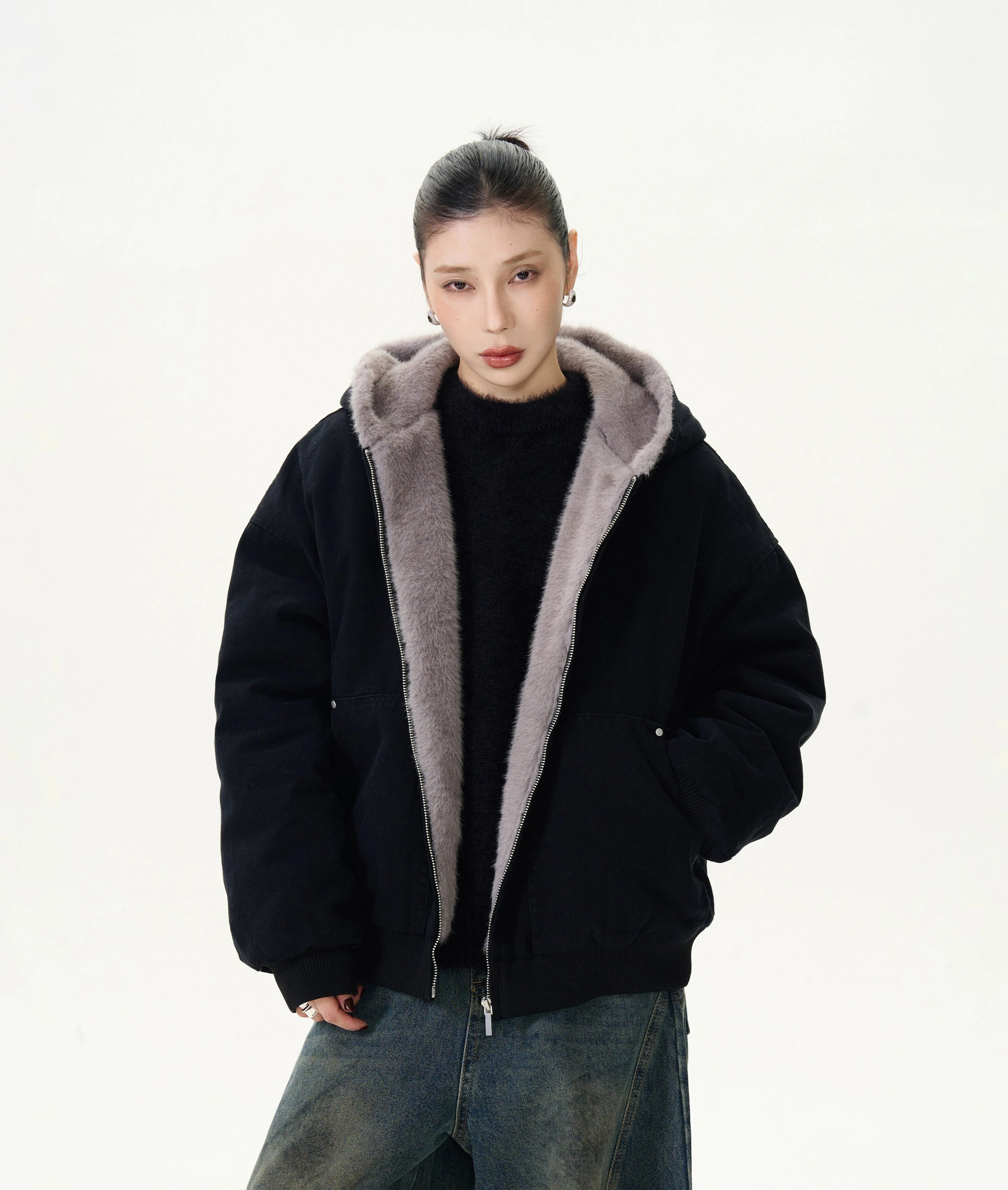 Faux Fur Lined Bomber Jacket with Pockets