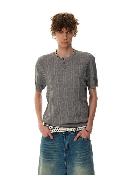 Ribbed Knit Half Button Short Sleeve Shirt - nightcity clothing