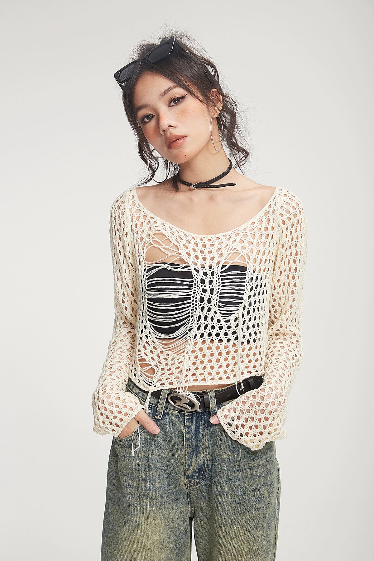 Crochet Knit Skeleton-Effect Long Sleeve Top