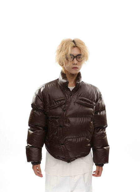 Curve-Hem Faux Leather Puffer Jacket - nightcity clothing