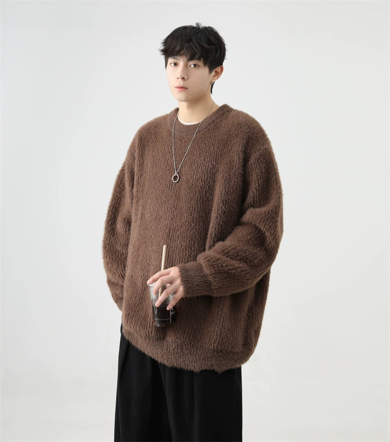 Fuzzy Crew Neck Oversized Knit Sweater Coffee L Nightcity Clothing