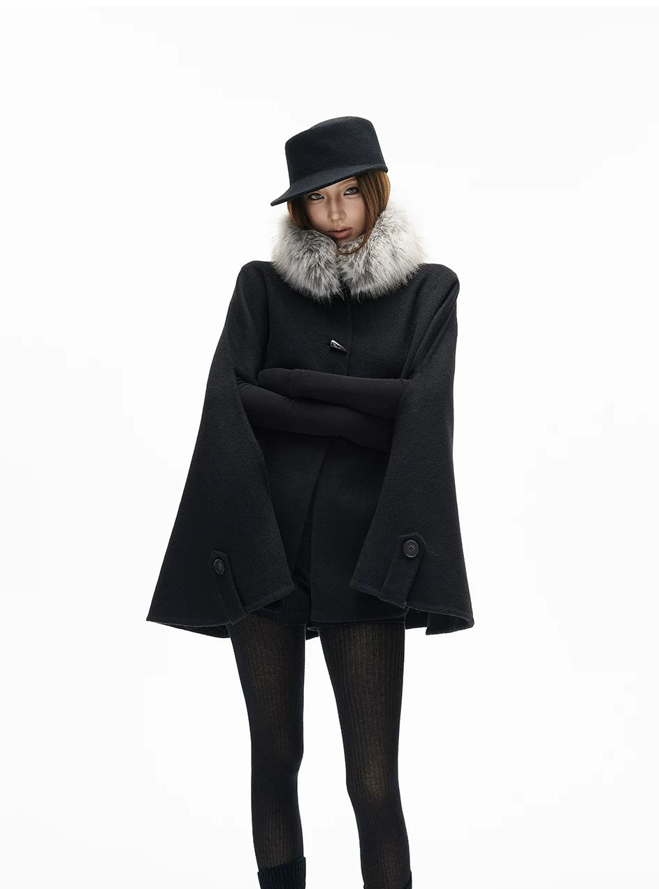 Faux Fur Collar Oversized Poncho Pullover - nightcity clothing