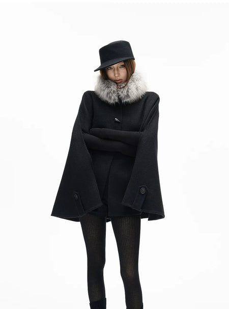 Faux Fur Collar Oversized Poncho Pullover - nightcity clothing