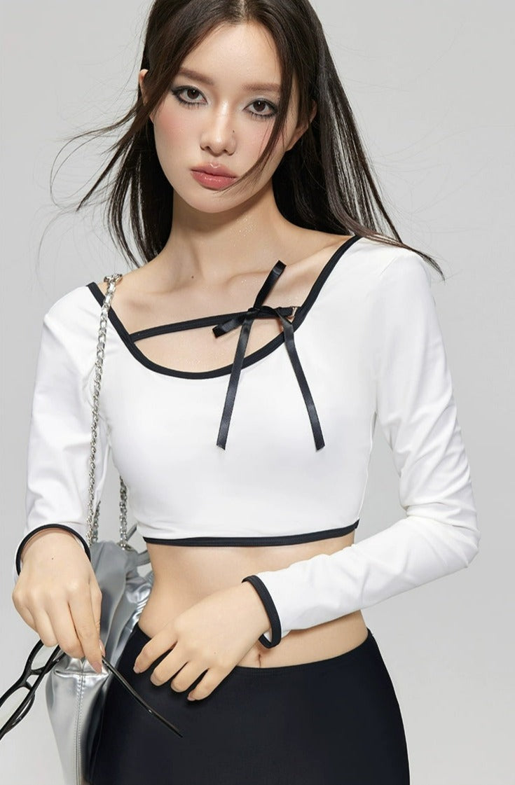 Contrast Hem Long Sleeve Crop Top and High-Waisted Bikini Set