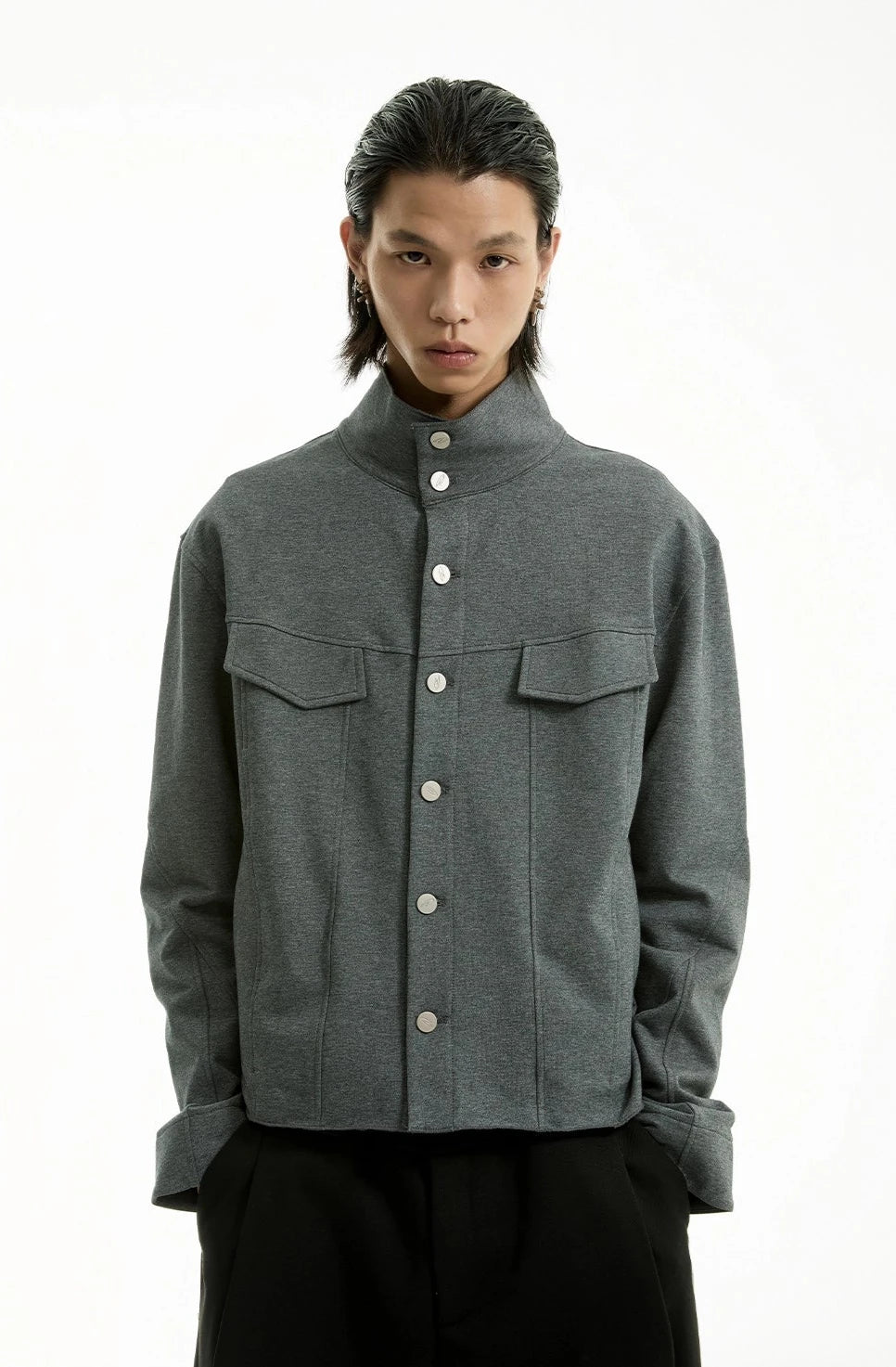 High Collar Terry Button Jacket with Chest Pockets