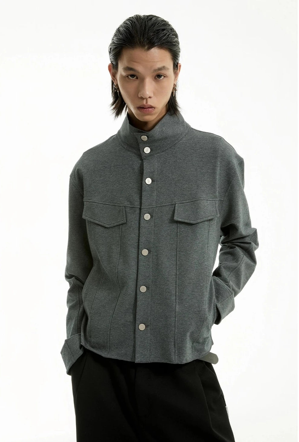 High Collar Terry Button Jacket with Chest Pockets