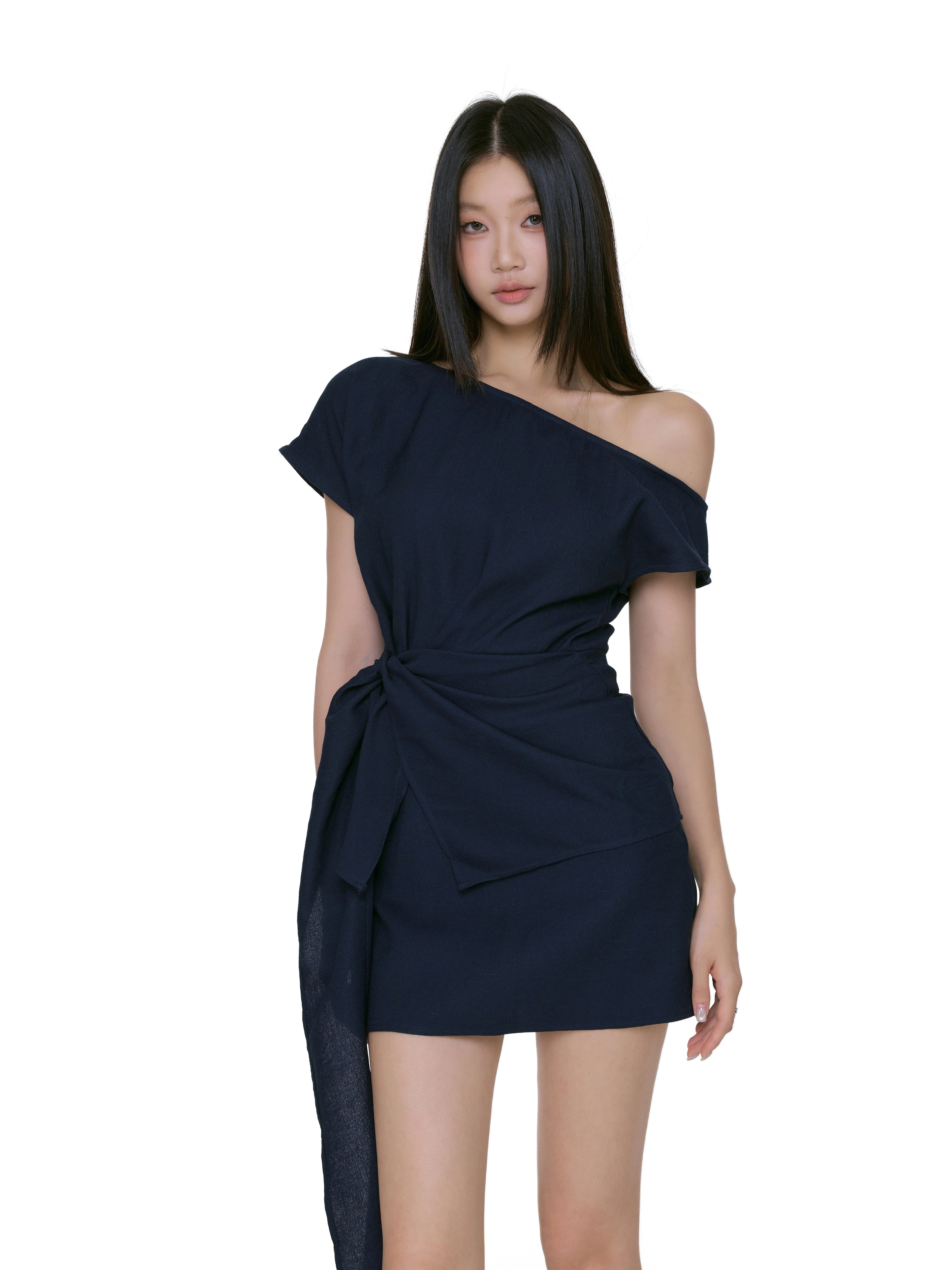 Asymmetric One Shoulder Mini Dress with Side Tie